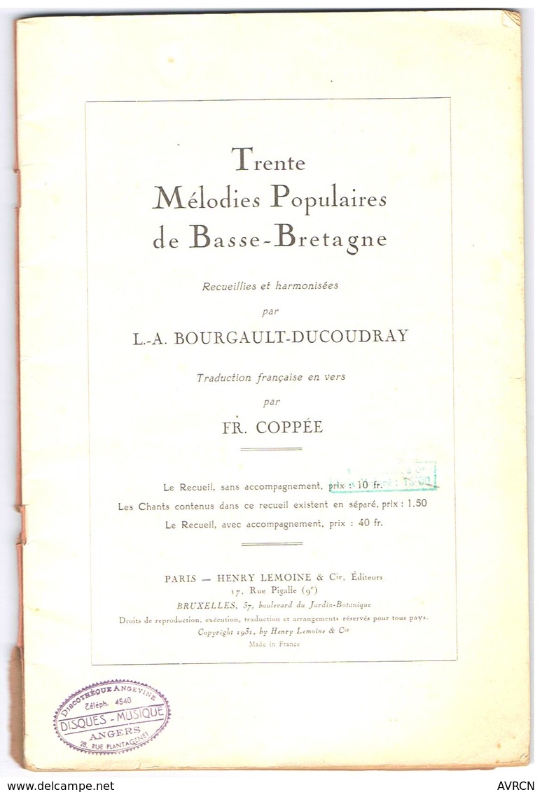 Trente Mélodies Populaires De Basse Bretagne Par L.A. Bourgault-Ducoudray.1931 - Musique Folklorique