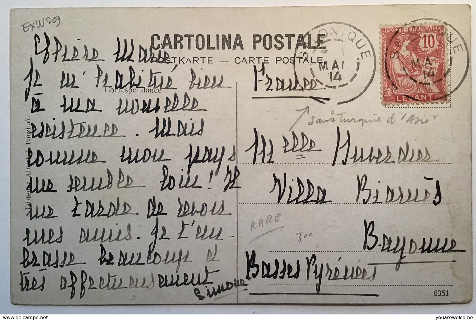 „SALONIQUE 1914“(RARE W/o TURQUIE D' ASIE)on LEVANT FRANÇAIS Mouchon Pc (cover Cp BFE Greece Grèce Lettre Thessaloniki - Thessalonique