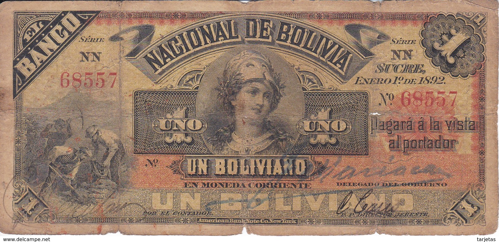 BILLETE DE BOLIVIA DE 1 BOLIVIANO DEL AÑO 1892 SERIE NN (BANKNOTE) - Bolivië