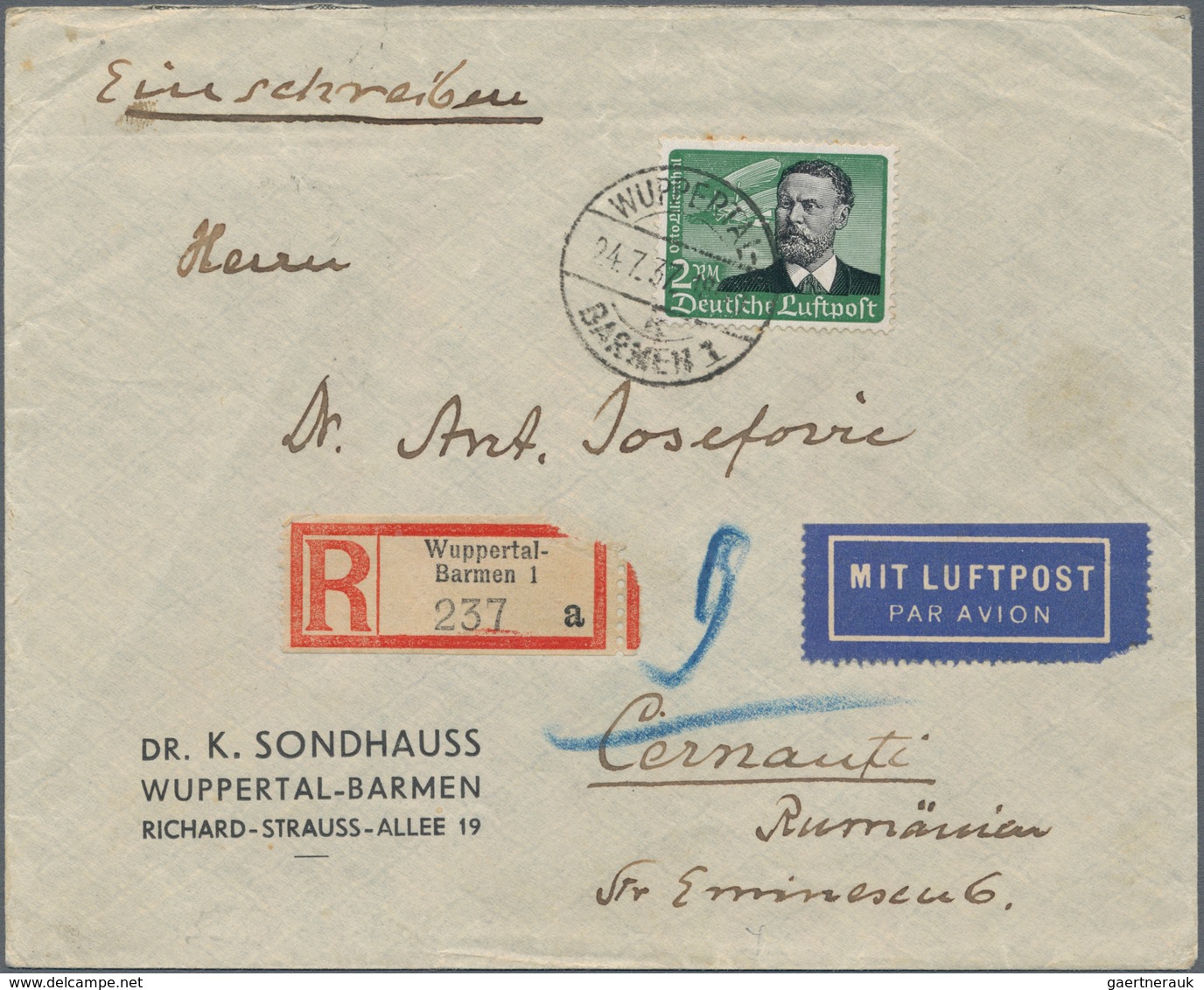 Deutsches Reich: 1933/41, Briefe (7) Meistens Luftpost, Dabei EF 85 Pf. / 2 RM /3 RM (mit Stempel U. - Collections