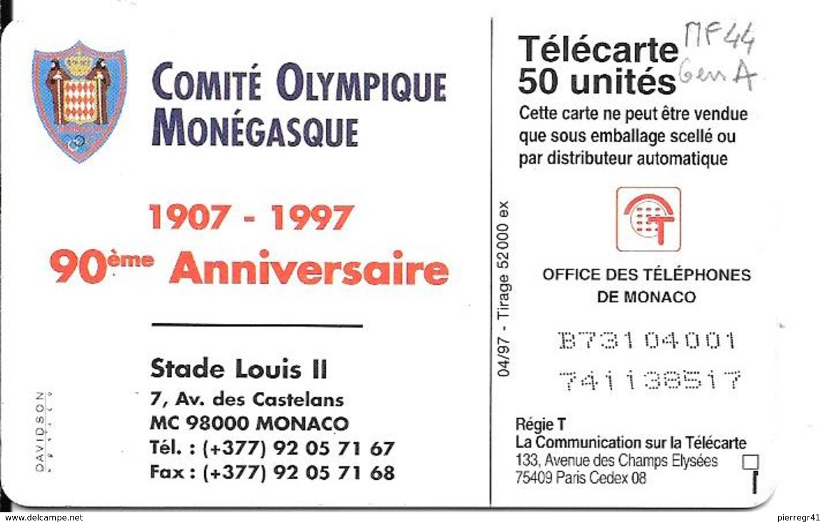 CARTE-PUBLIC-MONACO-50U-MF44-GEM A-04/97-COMITE OLYMPIQUE-V°Grands N°Série 4001-UTILISE-TBE - Monaco