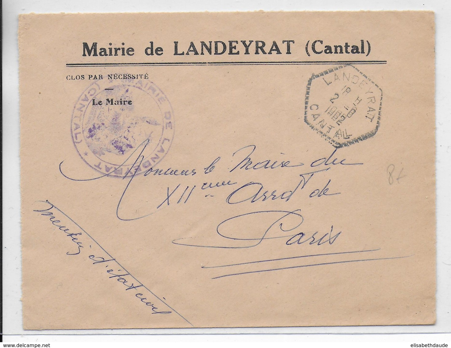 1962 - CANTAL - ENVELOPPE En FRANCHISE De La MAIRIE De LANDEYRAT Avec CACHET HEXAGONAL - Civil Frank Covers