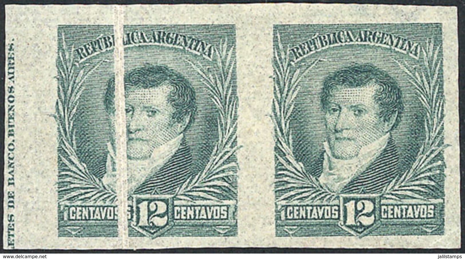 ARGENTINA: RARE VARIETY ON A TRIAL COLOR PROOF: GJ.144, Proof In Light Green On Thin Paper, Pair, The Left Stamp With No - Sonstige & Ohne Zuordnung