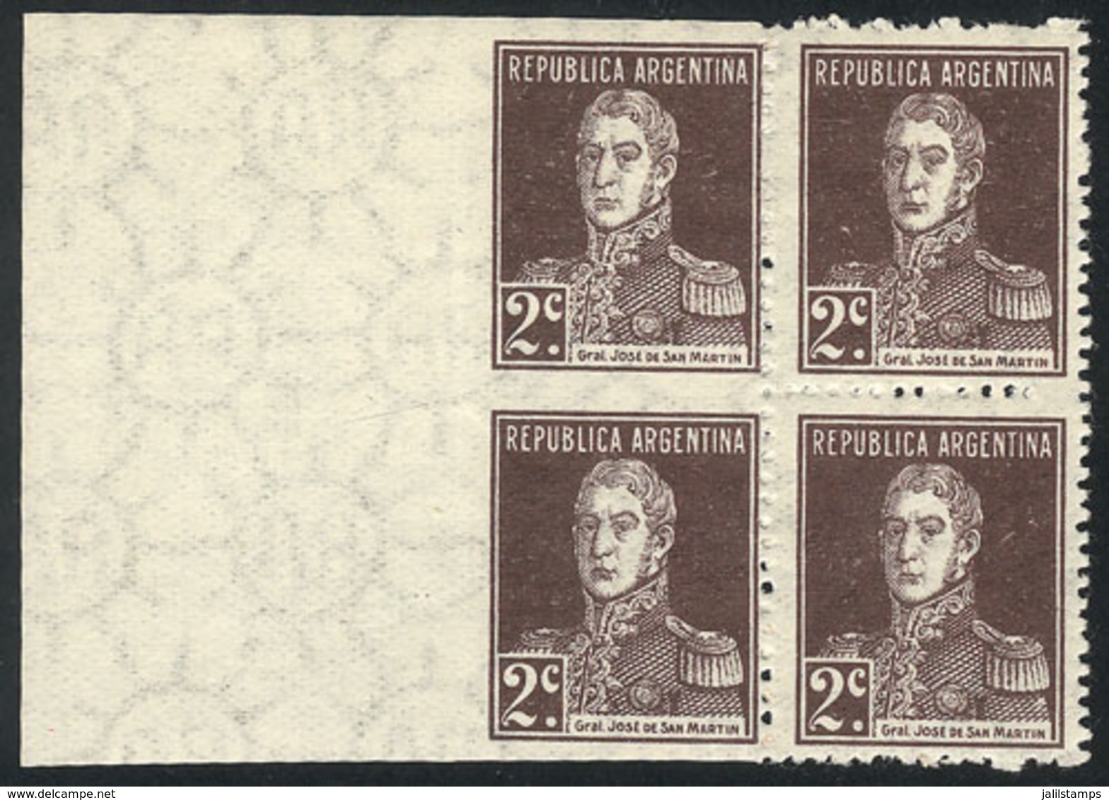 ARGENTINA: GJ.576, 1924 San Martín With Period 2c., Block Of 4, The Left Pair IMPERFORATE, Very Fine Quality, Rare! - Sonstige & Ohne Zuordnung