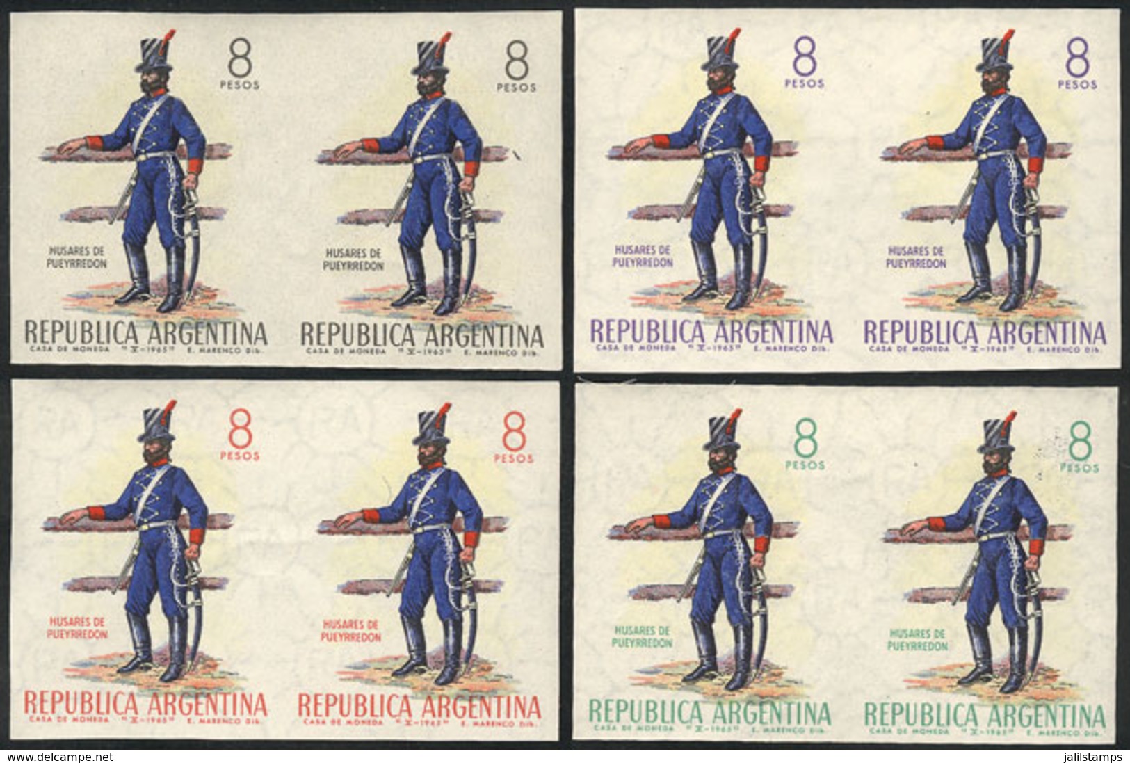 ARGENTINA: GJ.1325P, 1965 Army Day, IMPERFORATE PAIR. Also 3 Other Imperforate Pairs In Different Colors (proofs), Excel - Sonstige & Ohne Zuordnung