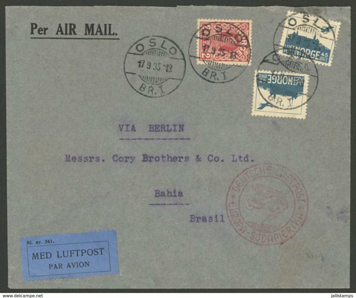 NORWAY: 17/SE/1935 Oslo - Brazil, Airmail Cover Franked With 2.90Kr. Sent By German DLH, With Transit Mark Of Berlin And - Briefe U. Dokumente