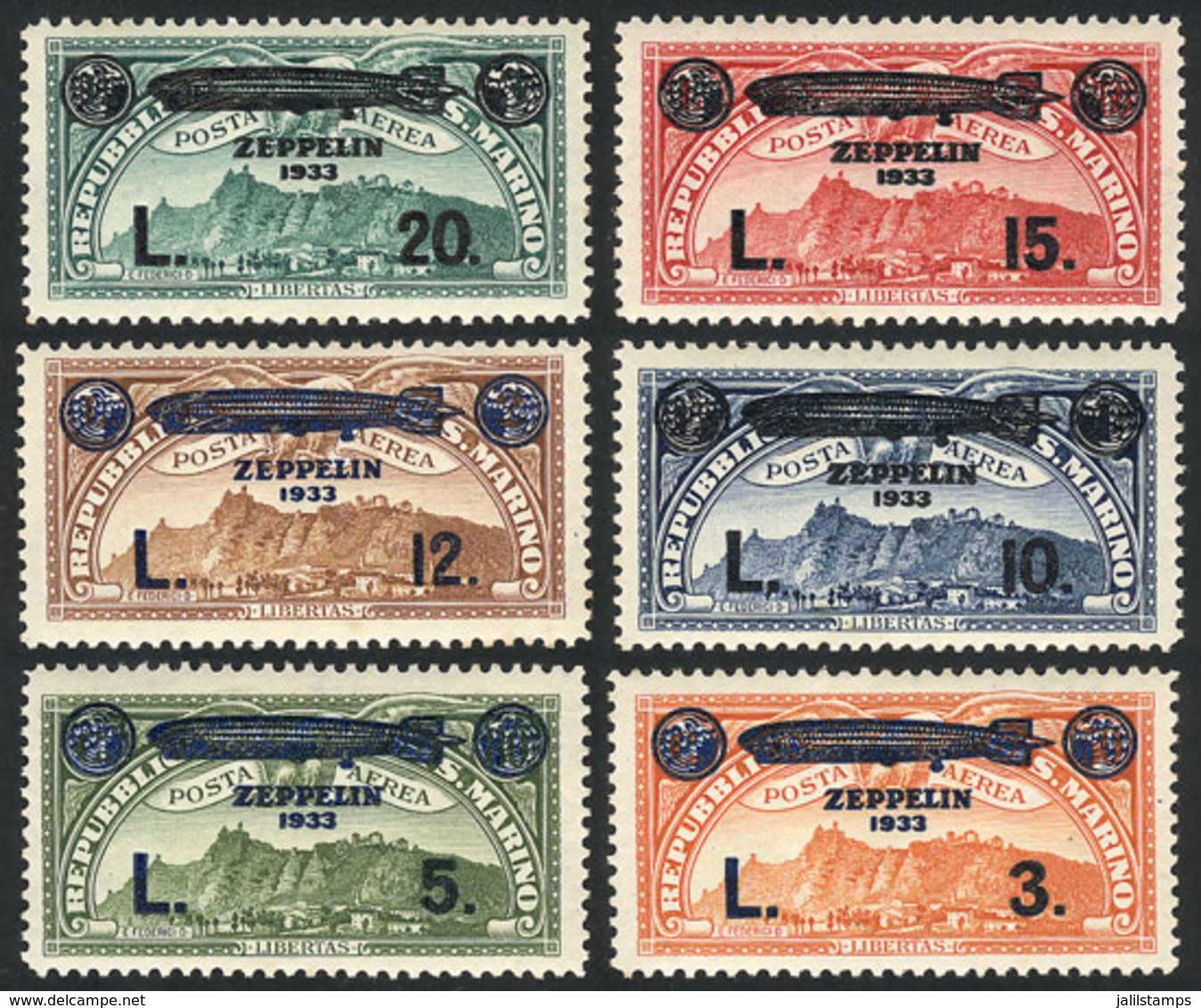 SAN MARINO: Sc.C11/C16, 1933 Zeppelin, Complete Set Of 6 Values Very Lightly Hinged. A Couple Of Stamps With Very Small  - Luftpost