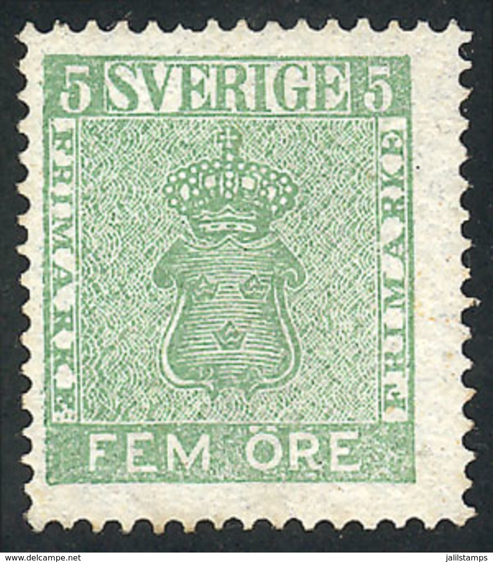 SWEDEN: Sc.6, 1858/62 5o. Green, Mint No Gum, Fine Quality, Catalog Value US$210. - Gebraucht