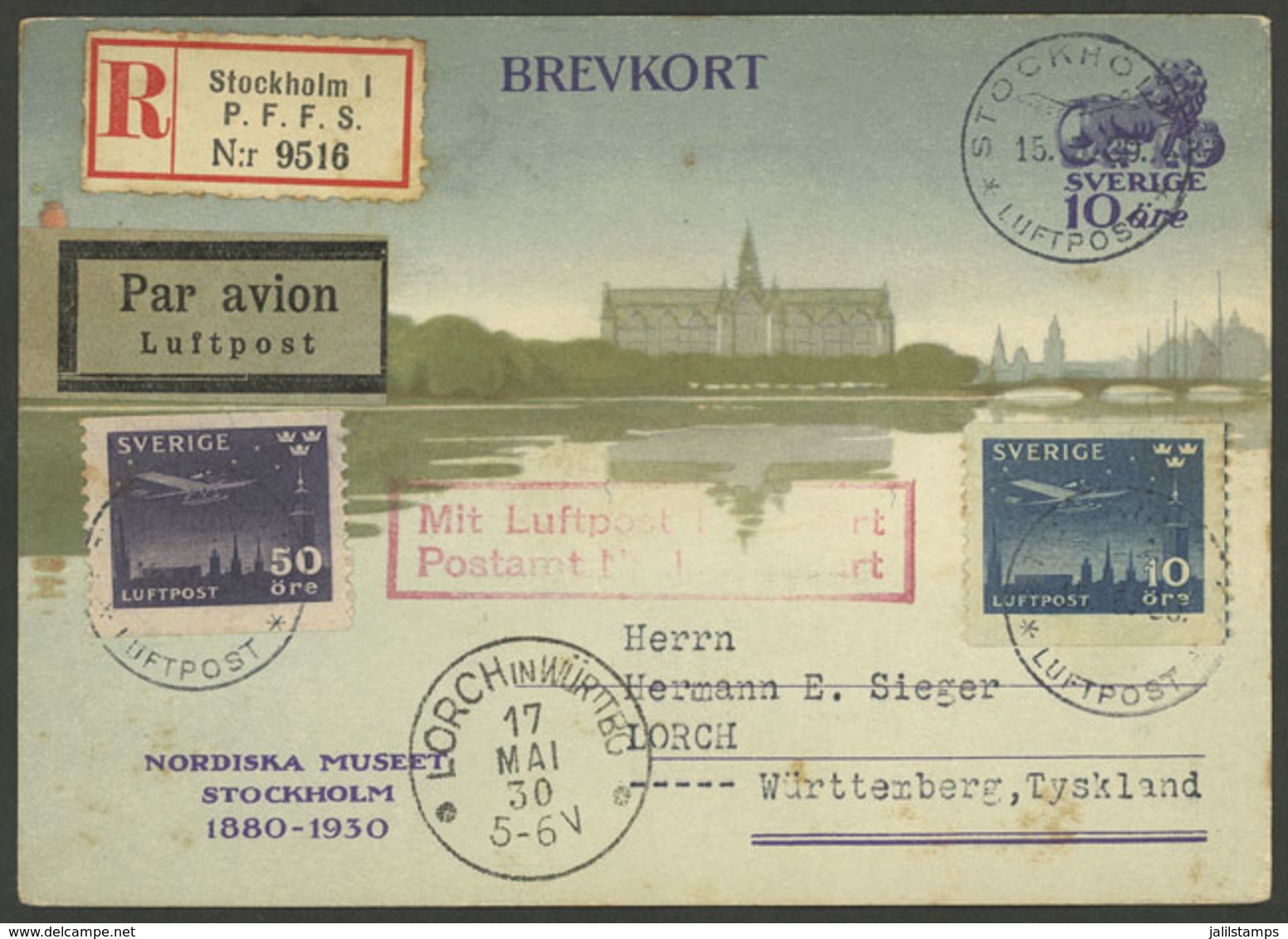 SWEDEN: 10ö. Postal Card + Additional Postage, Sent By Registered Airmail To Germany On 15/MAY/1930, Very Nice! - Briefe U. Dokumente