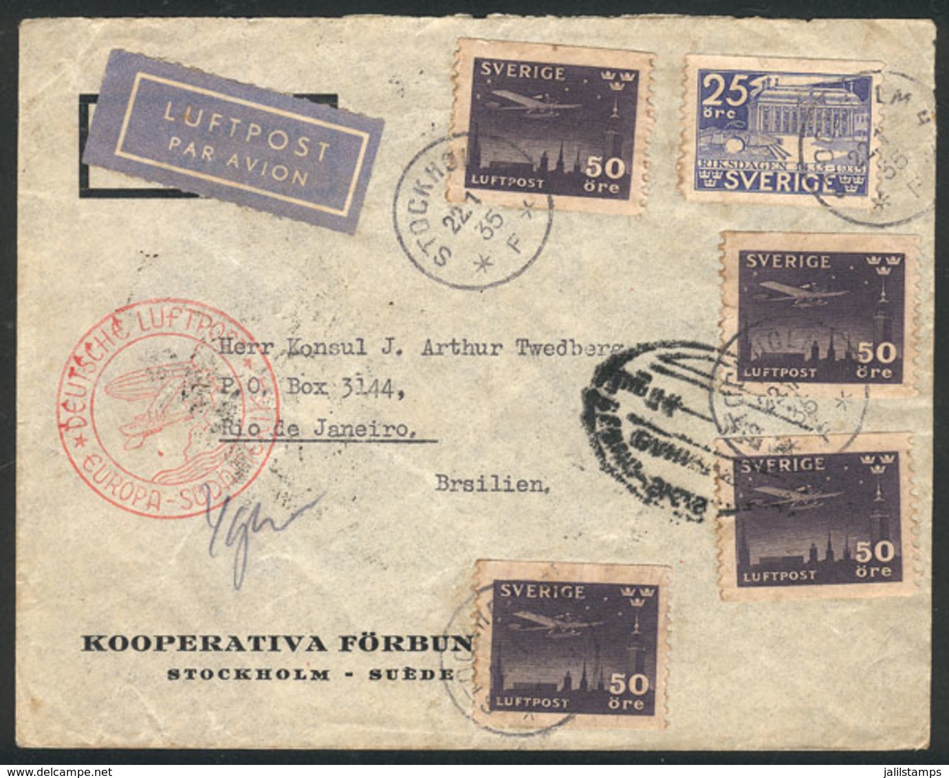 SWEDEN: 22/JA/1935 Stockholm - Brazil, Airmail Cover Sent By German DLH Franked With 2.25Kr., Arrival Backstamp Of Rio D - Briefe U. Dokumente