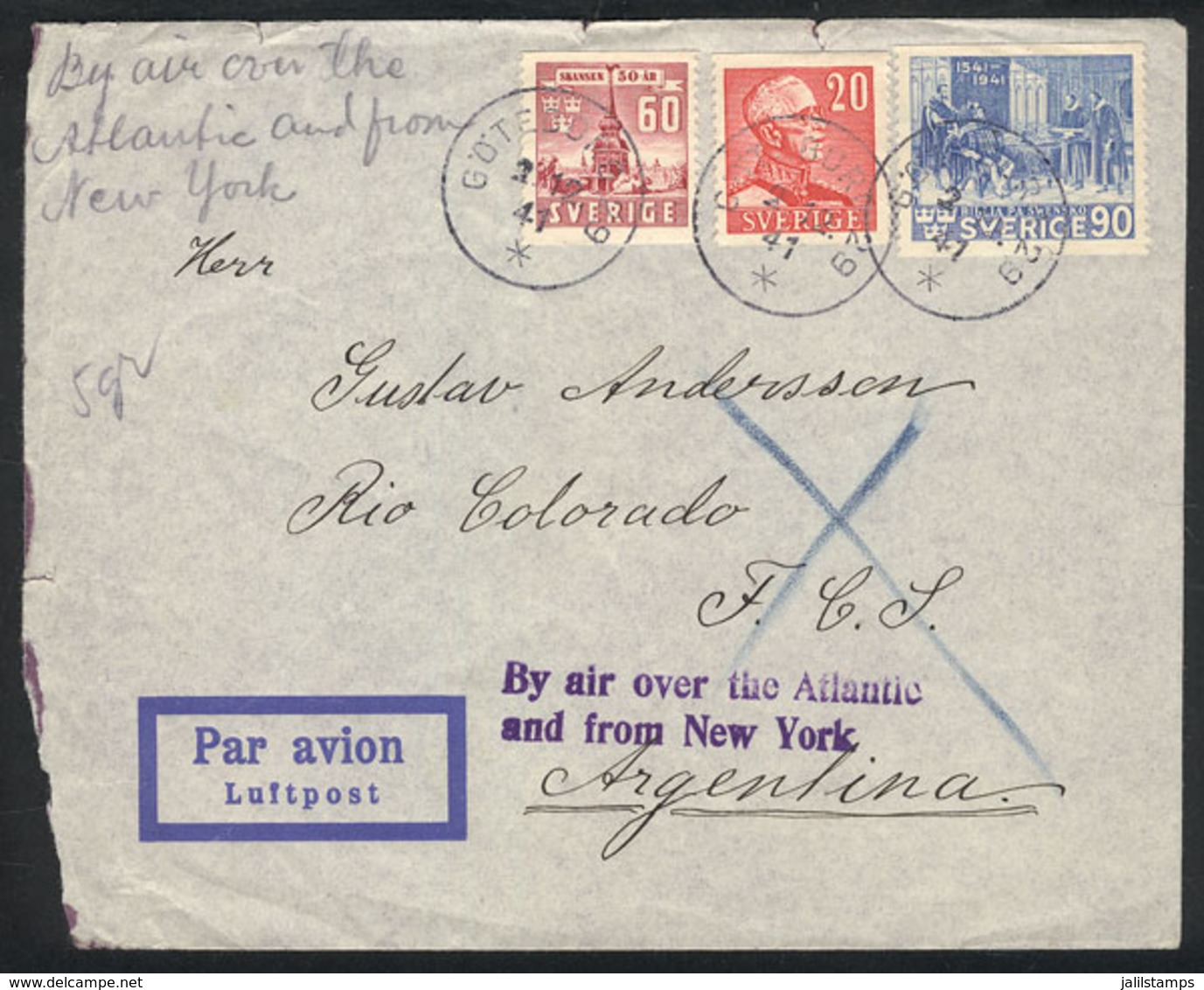 SWEDEN: Airmail Cover Sent From Göteborg To Argentina On 2/DE/1941, With Interesting Violet Mark: "By Air Over The Atlan - Briefe U. Dokumente