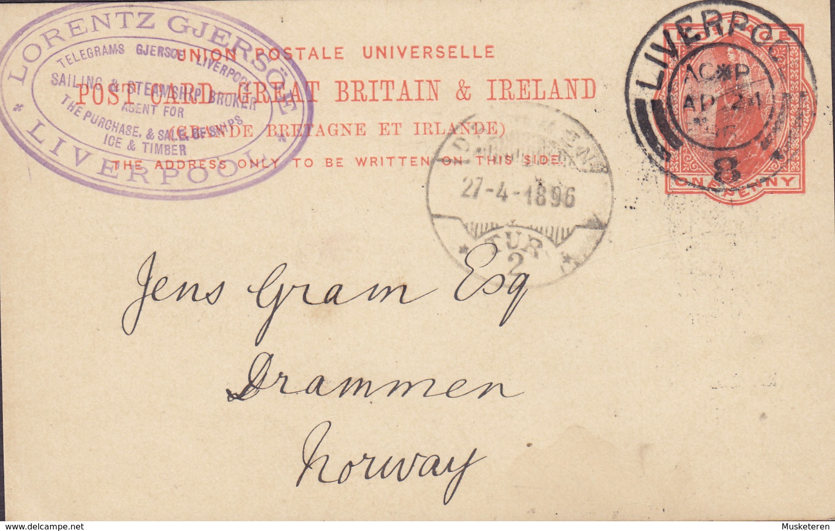 Great Britain Postal Stationery Ganzsache Entier LORENTZ GJERSÖE Steam Broker, LIVERPOOL 1896 DRAMMEN (Arr.) Norway - Storia Postale