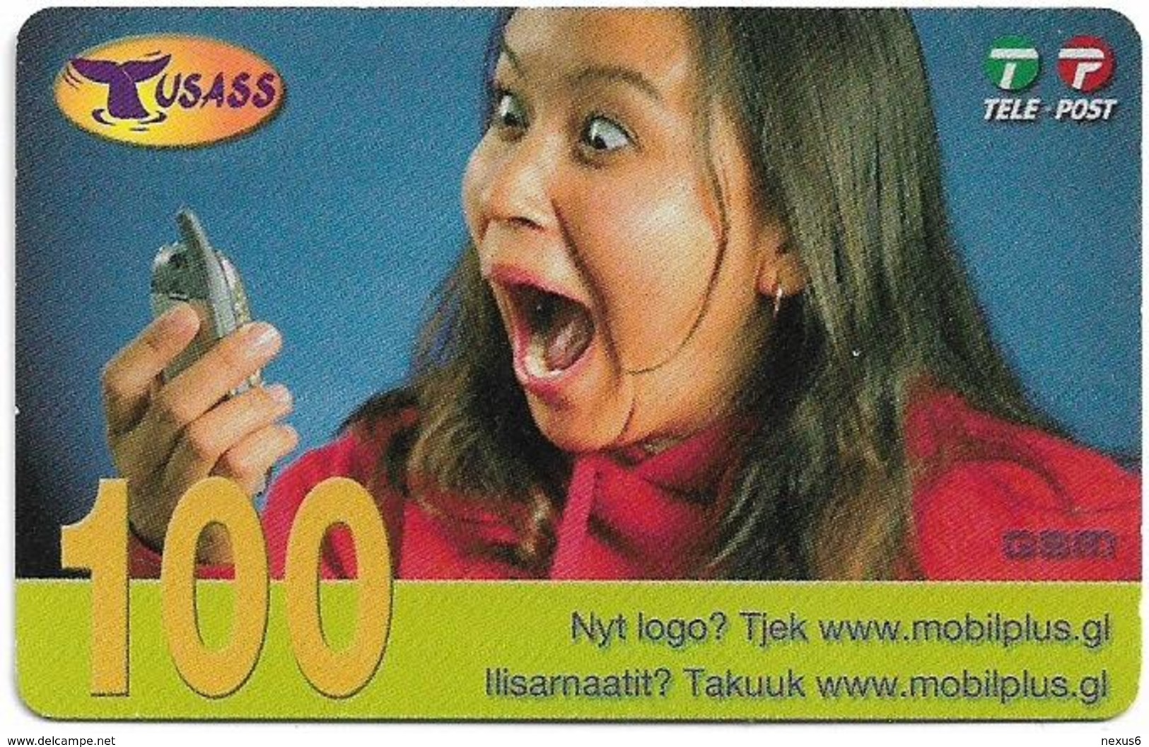 Greenland - Tusass - Girl With Mobile, GSM Refill, (Short Barcode & Big SN.), 100kr. Exp. 08.12.2007, Used - Greenland