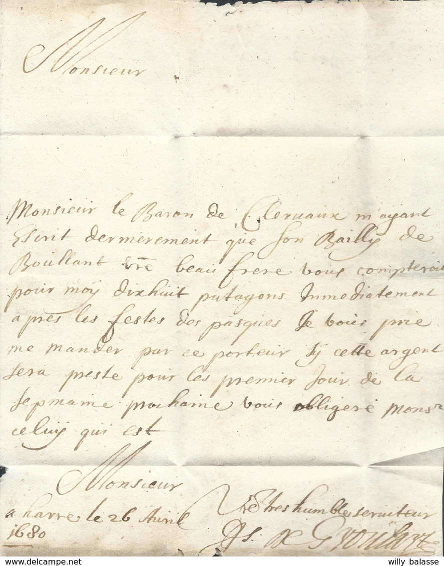 L Par Porteur 1680 Datée De Harre Pour Liège (Faubourg Du Pont D'Amercoeur) - 1621-1713 (Pays-Bas Espagnols)