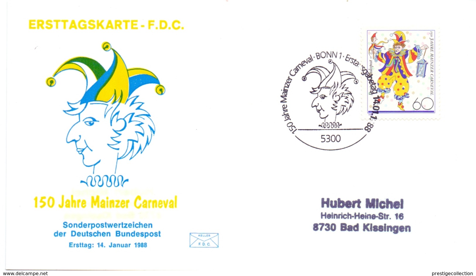 GERMANY FDC POST CARD   150 JAHRE MAINZERCARNEVAL 1988 (FEB20596) - 1e Jour – FDC (feuillets)