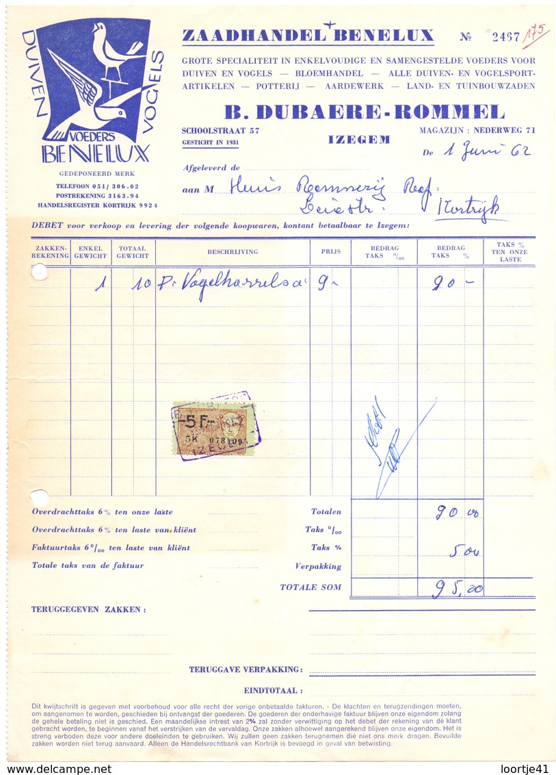 Factuur Facture - Zaadhandel Duiven & Vogels B. Dubaere - Dequeker - Izegem 1962 - Agriculture