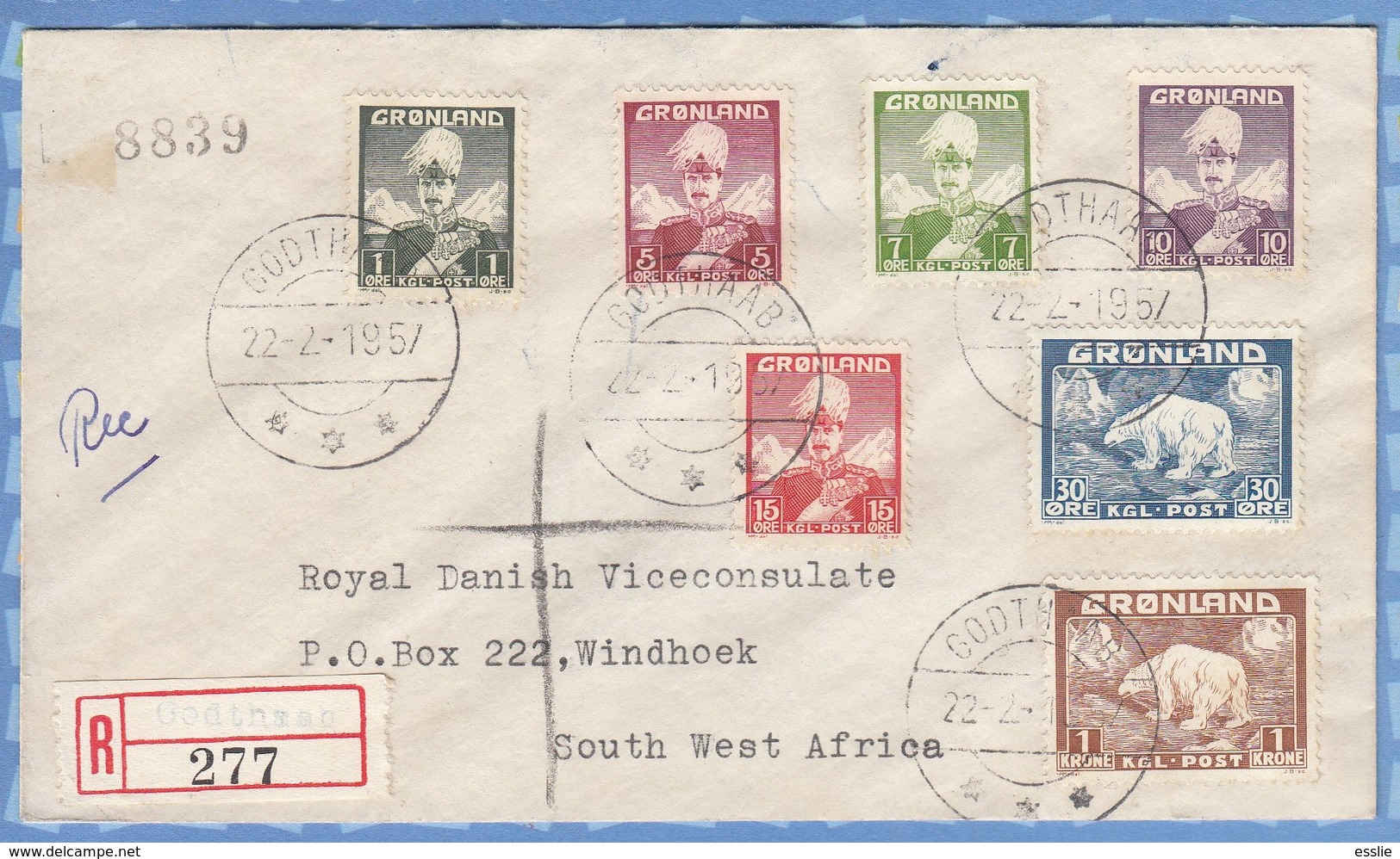 Greenland Registered Cover South West Africa SWA Royal Danish Viceconsulate - 1957 (1938) - GODTHAAB Christian X Bear - Lettres & Documents