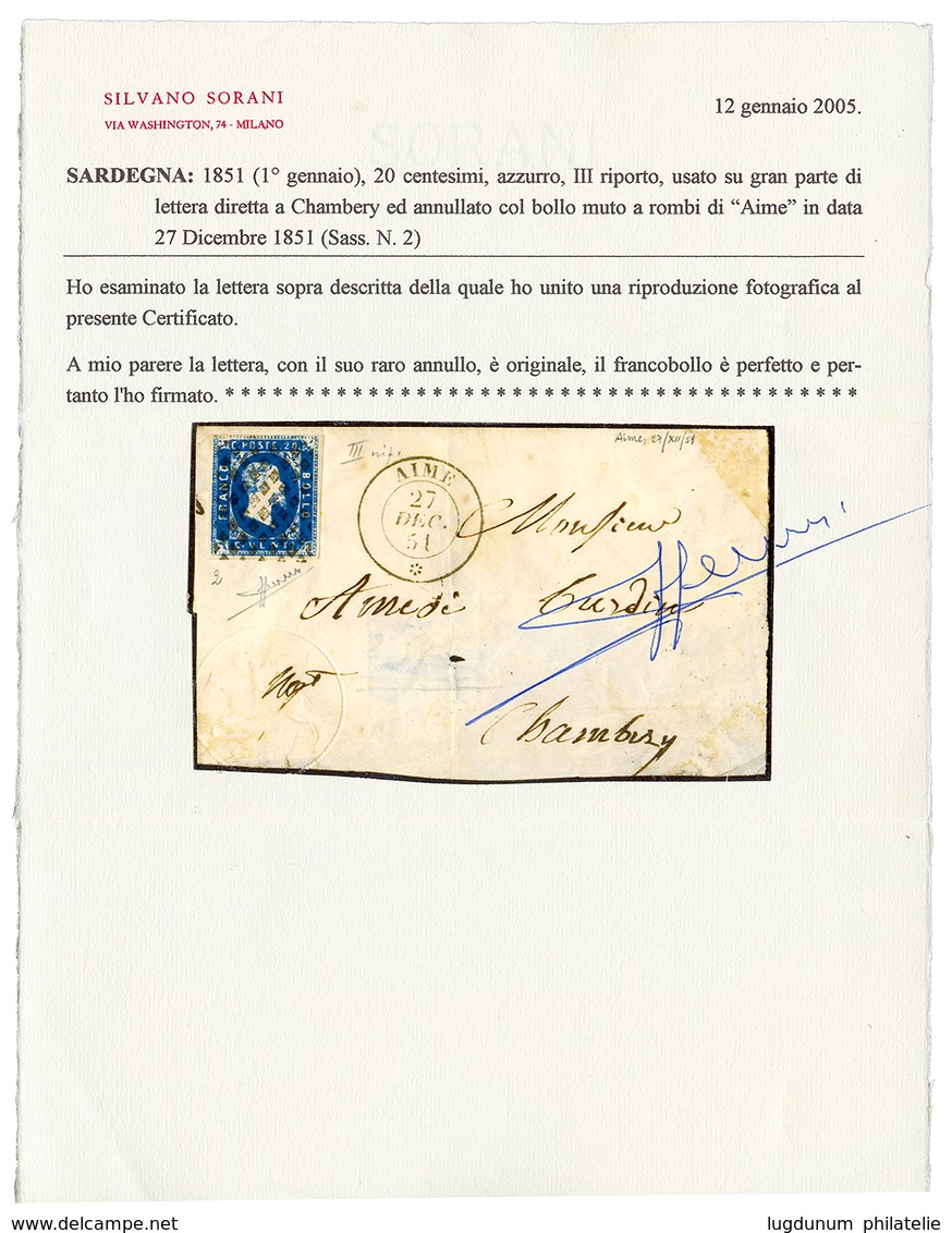 "AIME" : 1851 SARDAIGNE 20c (n°2) Obl. AIME Sur DEVANT De Lettre (Front Only).Certificat SORANI. RARE. TTB. - Other & Unclassified