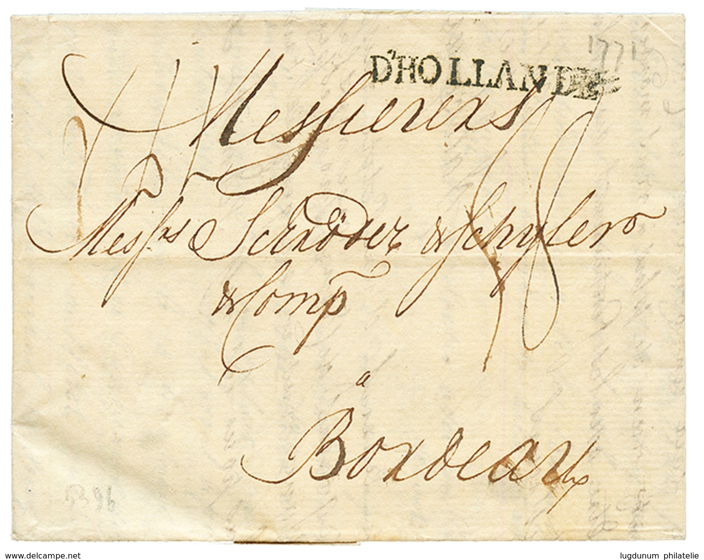 1771 Marque D' HOLLANDE Sur Lettre Avec Texte D' AMSTERDAM Pour BORDEAUX. Superbe. - Army Postmarks (before 1900)