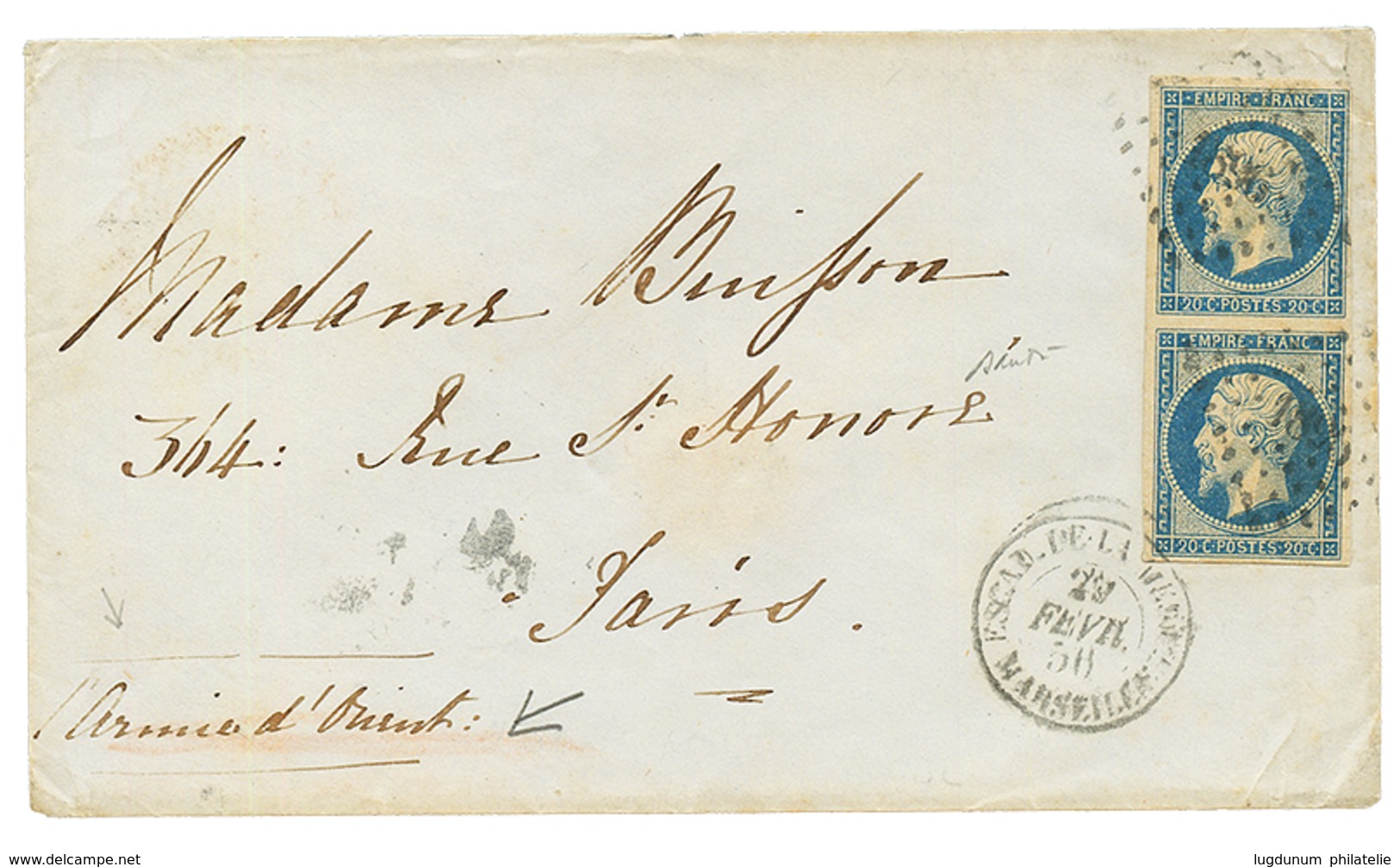 1856 Paire 20c (n°14) TTB Margée Obl. PC 1896 + ESCAD. DE LA MEDIT. MARSEILLE + Mention Manus. "ARME D' ORIENT" Sur Enve - Army Postmarks (before 1900)