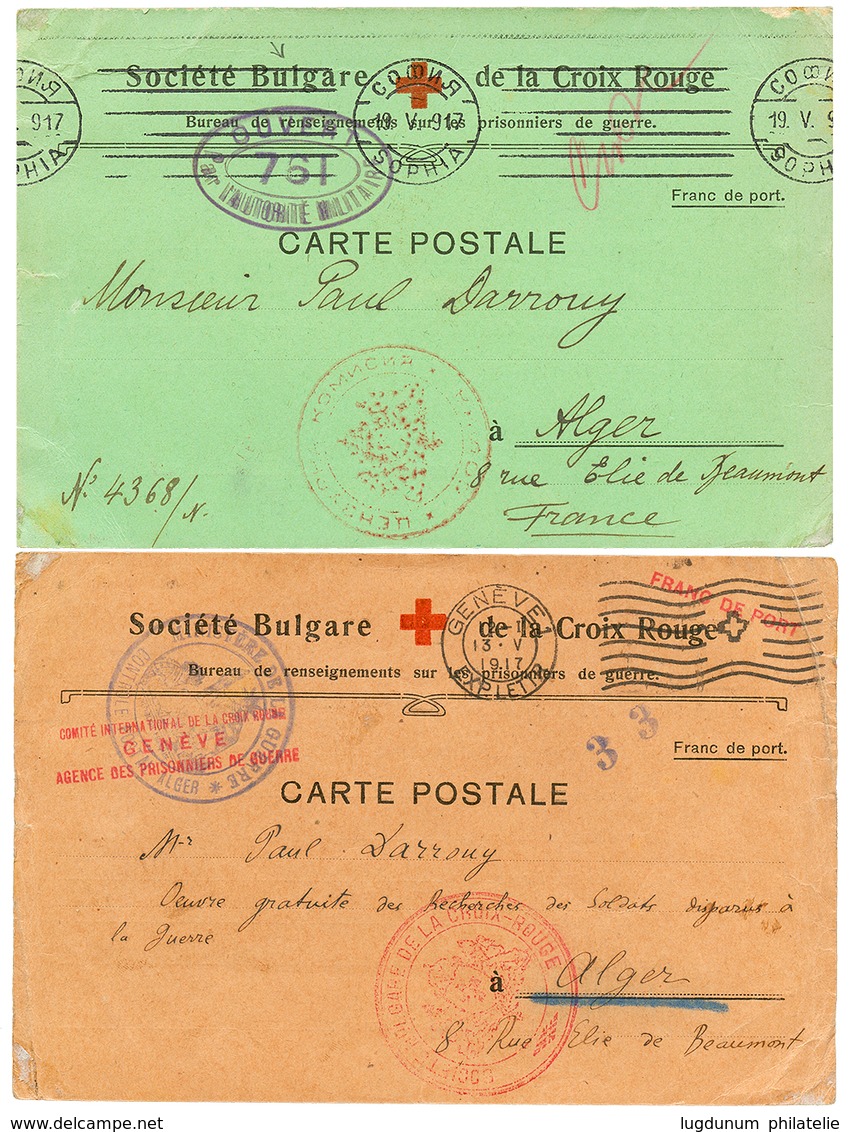 BULGARIA - RED-CROSS WORLD WAR I : 1917 Lot 2 Cartes CROIX ROUGE "SOCIETE BULGARE DE LA CROIX ROUGE" Datées De SOFIA Via - Army Postmarks (before 1900)