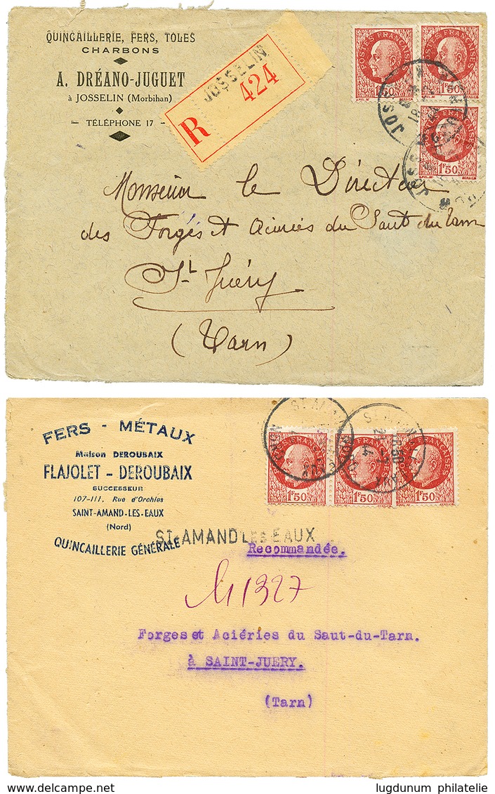 1944 Cachet Bleu LR RECUPEREE APRES/ PILLAGE ALLEMAND + Signature Au Verso D'une Env. RECOMMANDEE De JOSSELIN Et 1944 Me - Army Postmarks (before 1900)