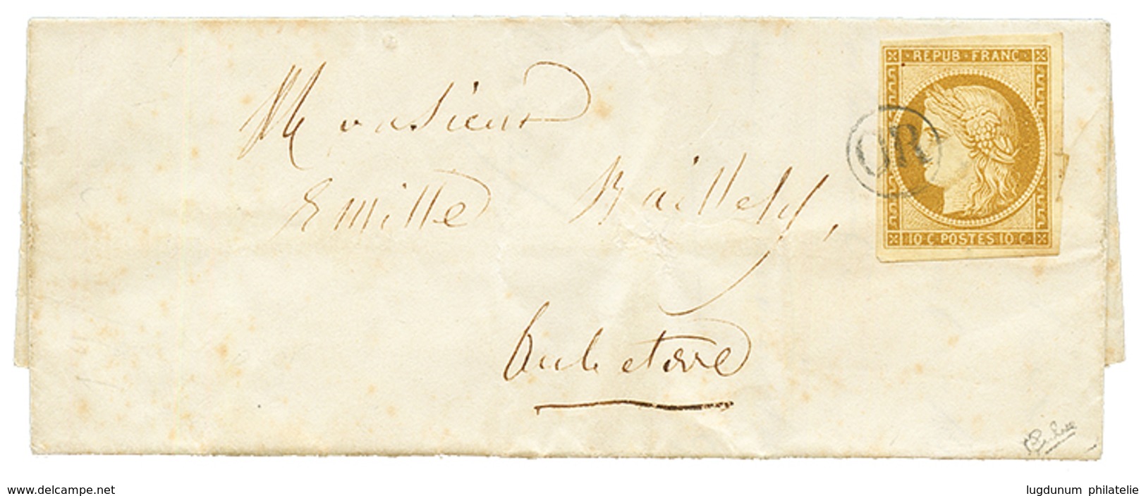 1852 10c CERES (n°1) TB Margé Obl. OR Sur Lettre Avec Texte Pour AUBETERRE. Signé CALVES. Superbe. - 1849-1850 Ceres