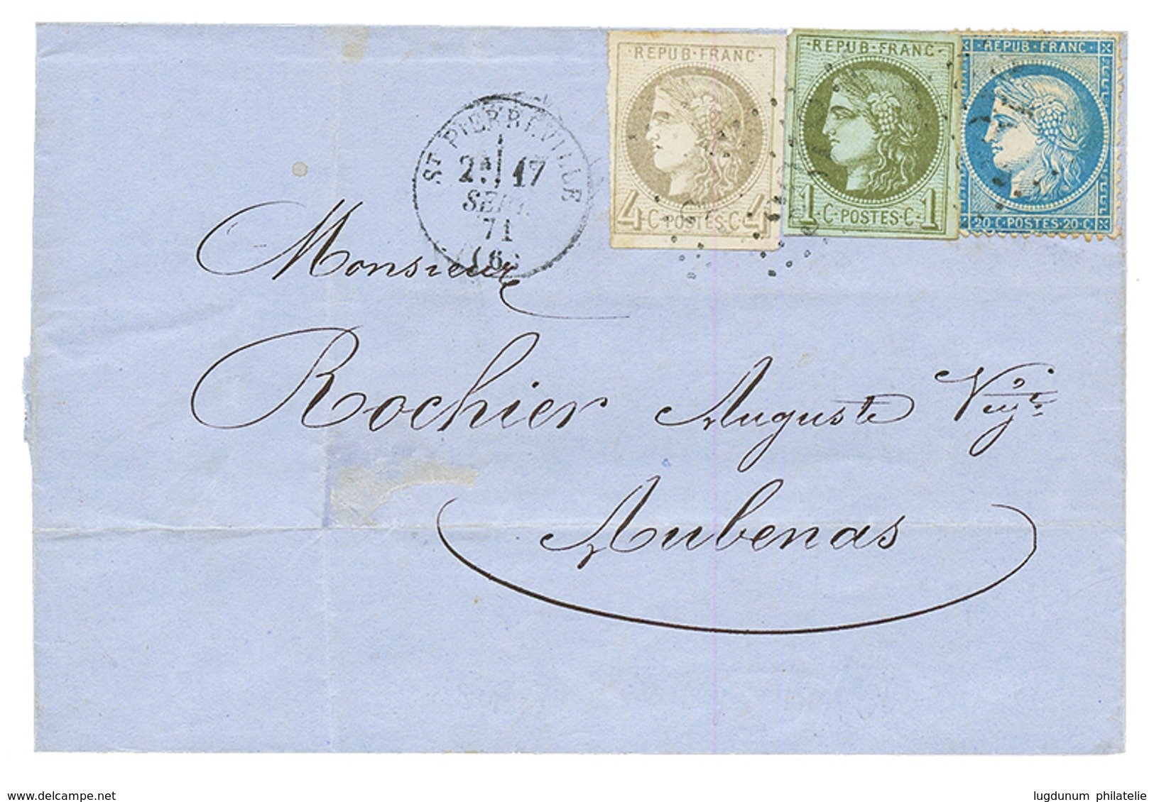 1871 1c BORDEAUX (n°39) TB Margé + 4c BORDEAUX (n°41) TB Margé + 20c SIEGE (n°37) Obl. GC + T.16 ST PIERREVILLE Sur Lett - 1870 Bordeaux Printing