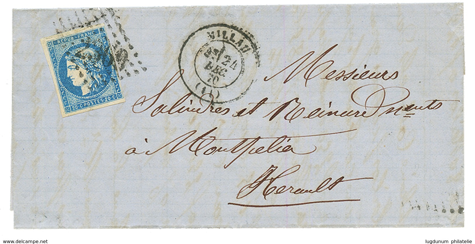 1870 20c BORDEAUX Type I Report 2 (n°44B) 3 Grandes Marges Une Marge Plus Petite Obl. GC 2369 + T.17 MILLAU Sur Lettre.  - 1870 Bordeaux Printing