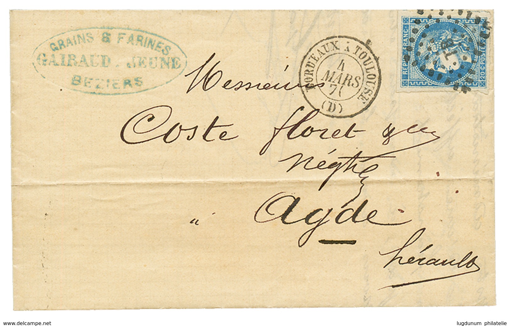 1871 20c BORDEAUX TTB Margé Obl. AMBULANT TB + BORDEAUX A TOULOUSE (type Spécial) Sur Lettre De BEZIERS Pour AGDE. Super - 1870 Bordeaux Printing