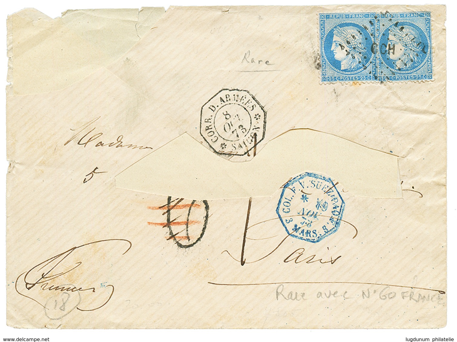 "Timbres De FRANCE Au Type CERES Utilisés En INDOCHINE" : 1873 FRANCE 25c CERES (n°60)x2 Obl. CCH + CORR. D'ARMEES SAIGO - 1871-1875 Ceres