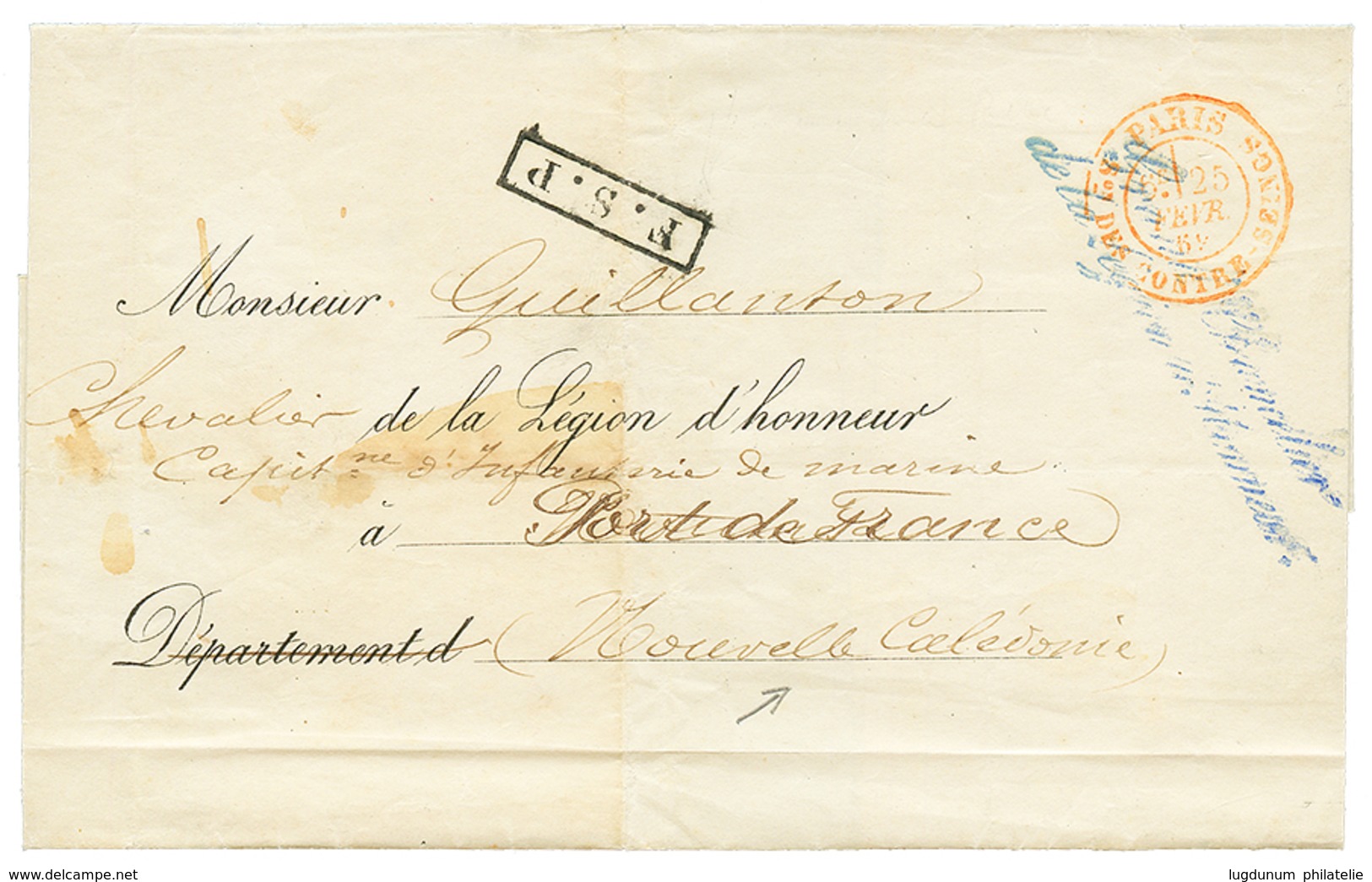 "F.S.P Pour La NLLE CALEDONIE" : 1869 Cachet F.S.P. + GRAND CHANCELIER / DE LA LEGION D' HONNEUR + PARIS Son DES CONTRE- - 1871-1875 Ceres