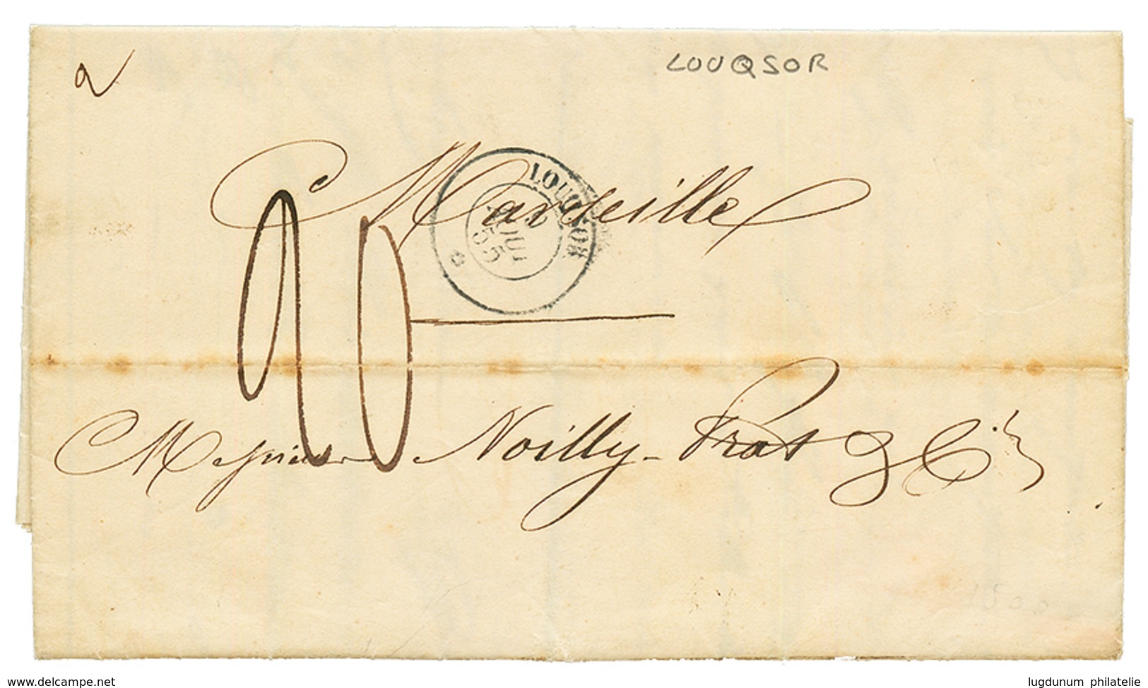 1855 Cachet Du Paquebot LOUQSOR + Taxe 20 Sur Lettre De CONSTANTINOPLE Pour MARSEILLE. Indice 23 (950€). TB. - Maritime Post