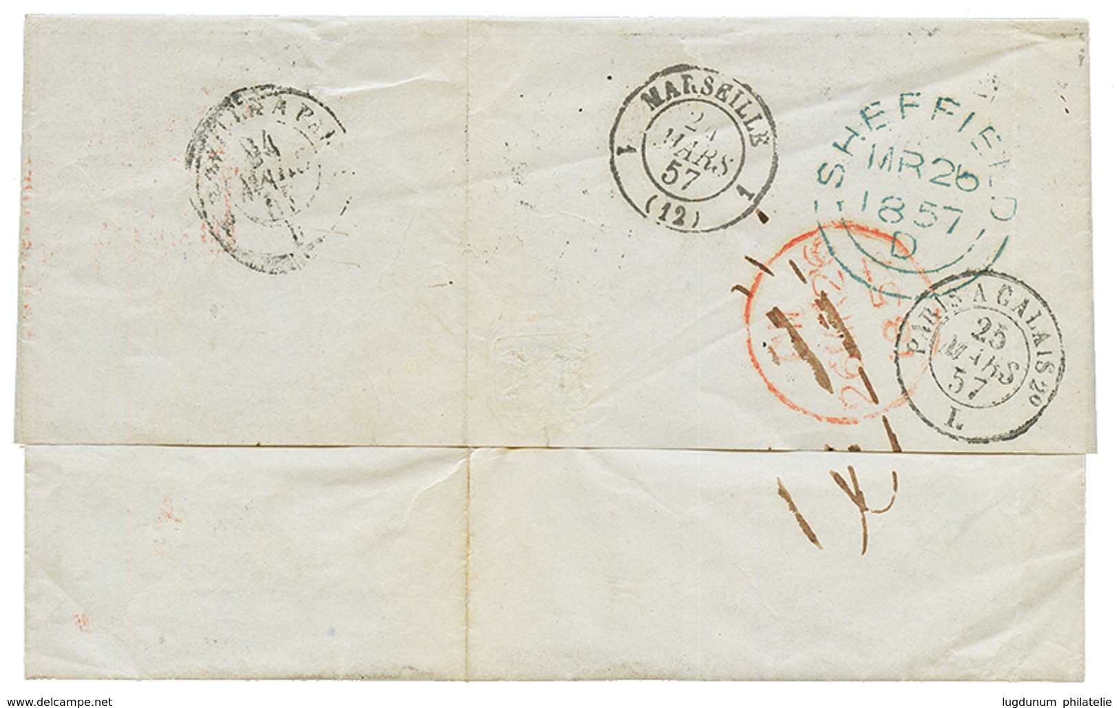 1857 CYDNUS 17 Mars 57 + Marque D' Echange FR/2F16c Sur Lettre Avec Texte De CONSTANTINOPLE Pour L' ANGLETERRE. Combinai - Maritime Post