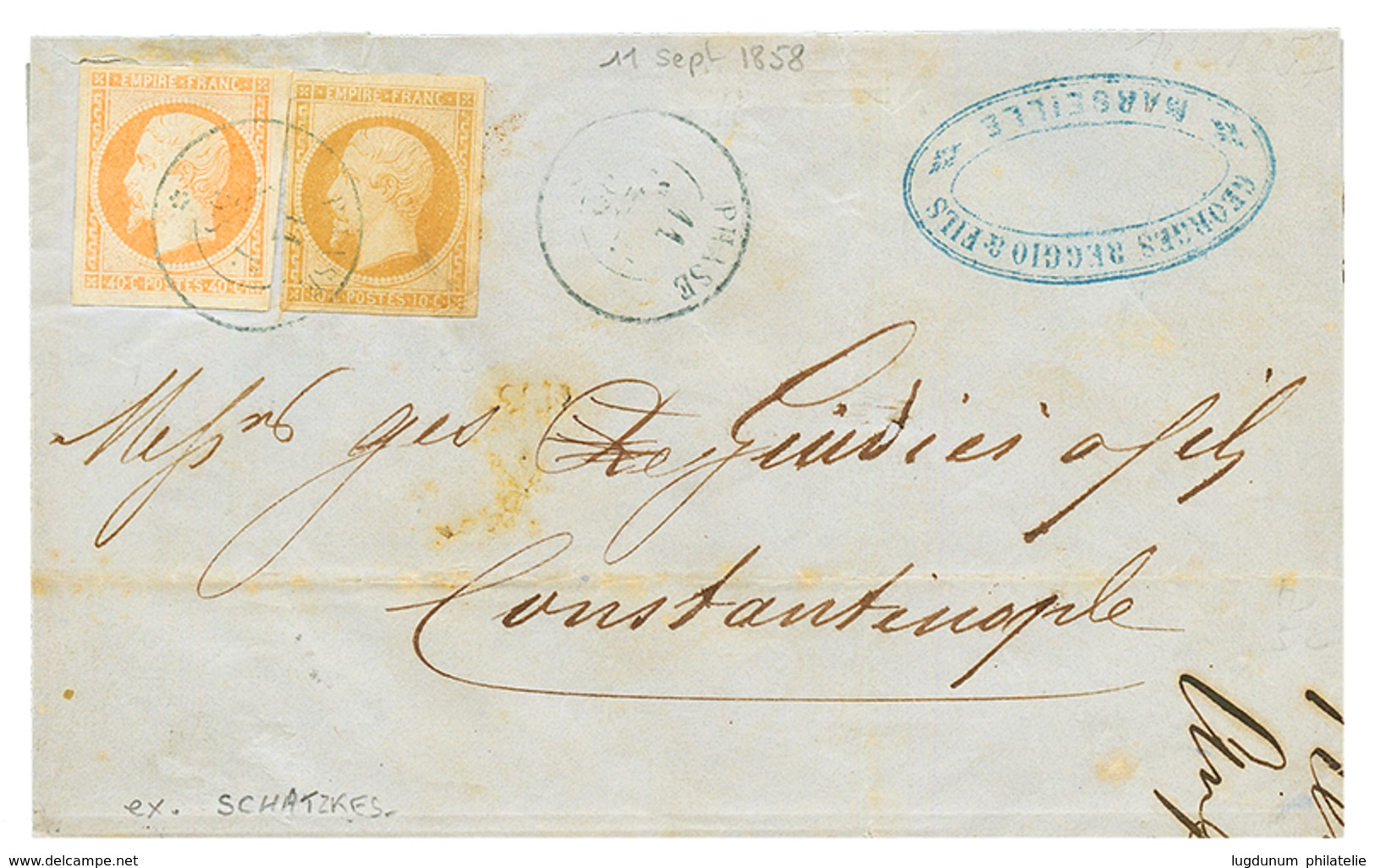 1858 10c (n°13) + 40c (n°16) Oblitérés Par Le Cachet à Date Du Paquebot PHASE 11 Sept 58 Sur Lettre De MARSEILLE Pour CO - Maritime Post