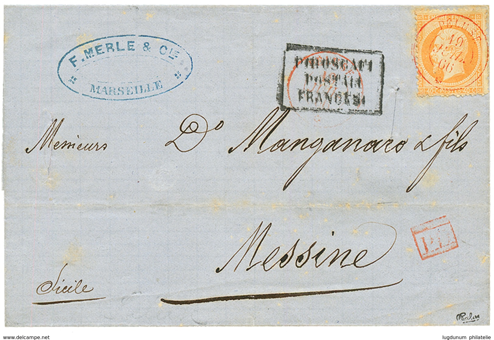 "PELUSE En ROUGE" : 1866 40c(n°23) Obl. Cachet Du Paquebot PELUSE 19 JUIL 66 En Rouge Sur Lettre De MARSEILLE Pour MESSI - Maritime Post