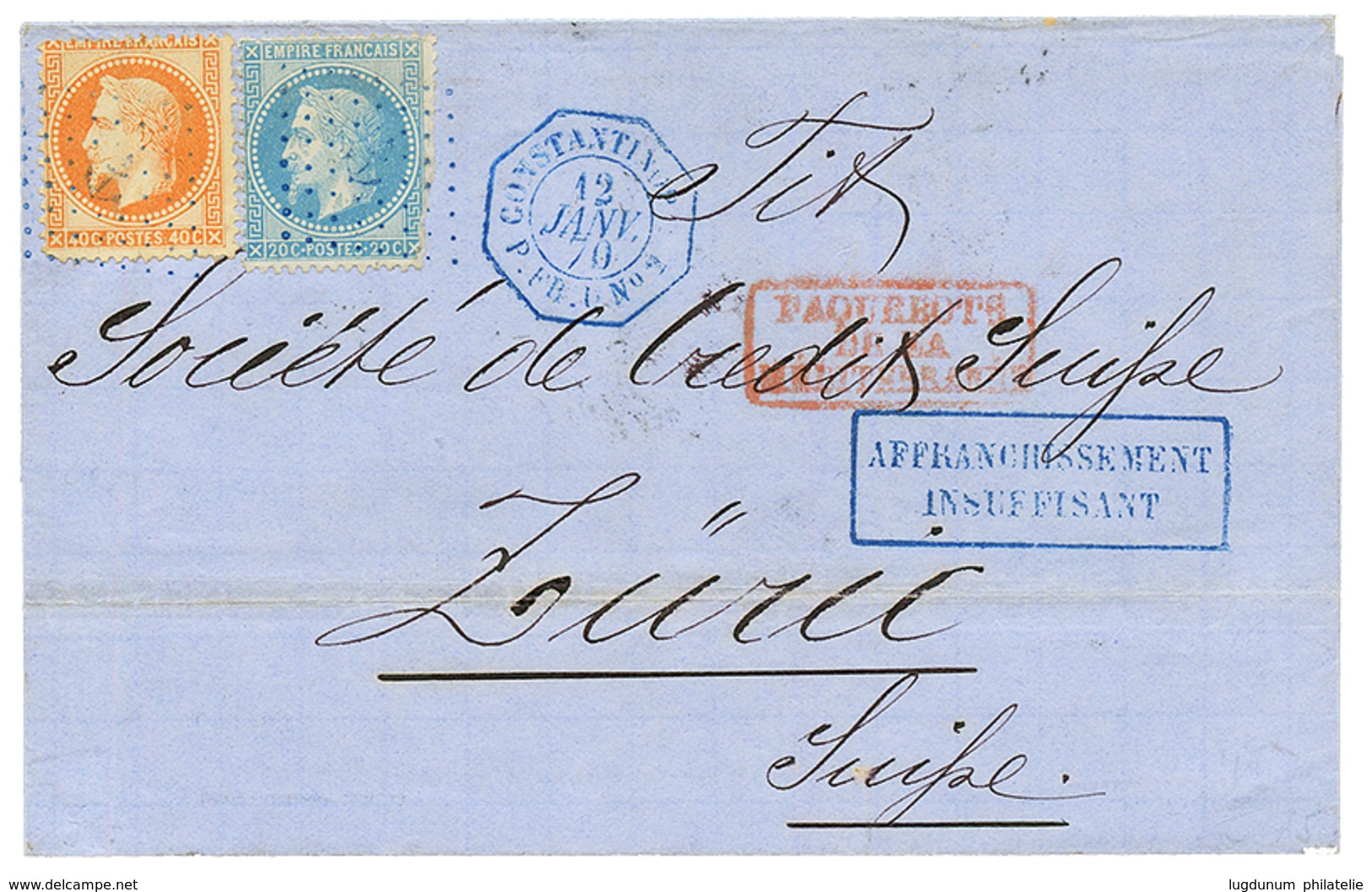 1870 20c (pd) + 40c Obl. ANCRE + CONSTANTINOPLE P. FR U N°2 + AFFRANCHISSEMENT INSUFFISANT Bleu Sur Lettre De CONSTANTIN - Maritime Post