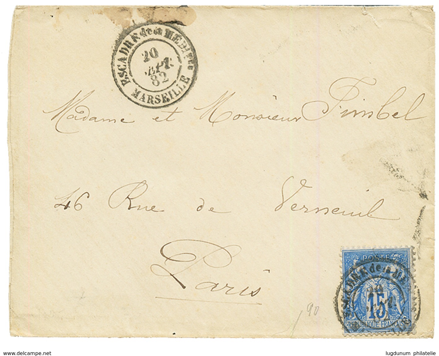 1882 15c SAGE Obl. ESCADRE DE LA MEDITee Sur Enveloppe Pour PARIS. Pas Coranr Sur Type SAGE. TB. - Maritime Post