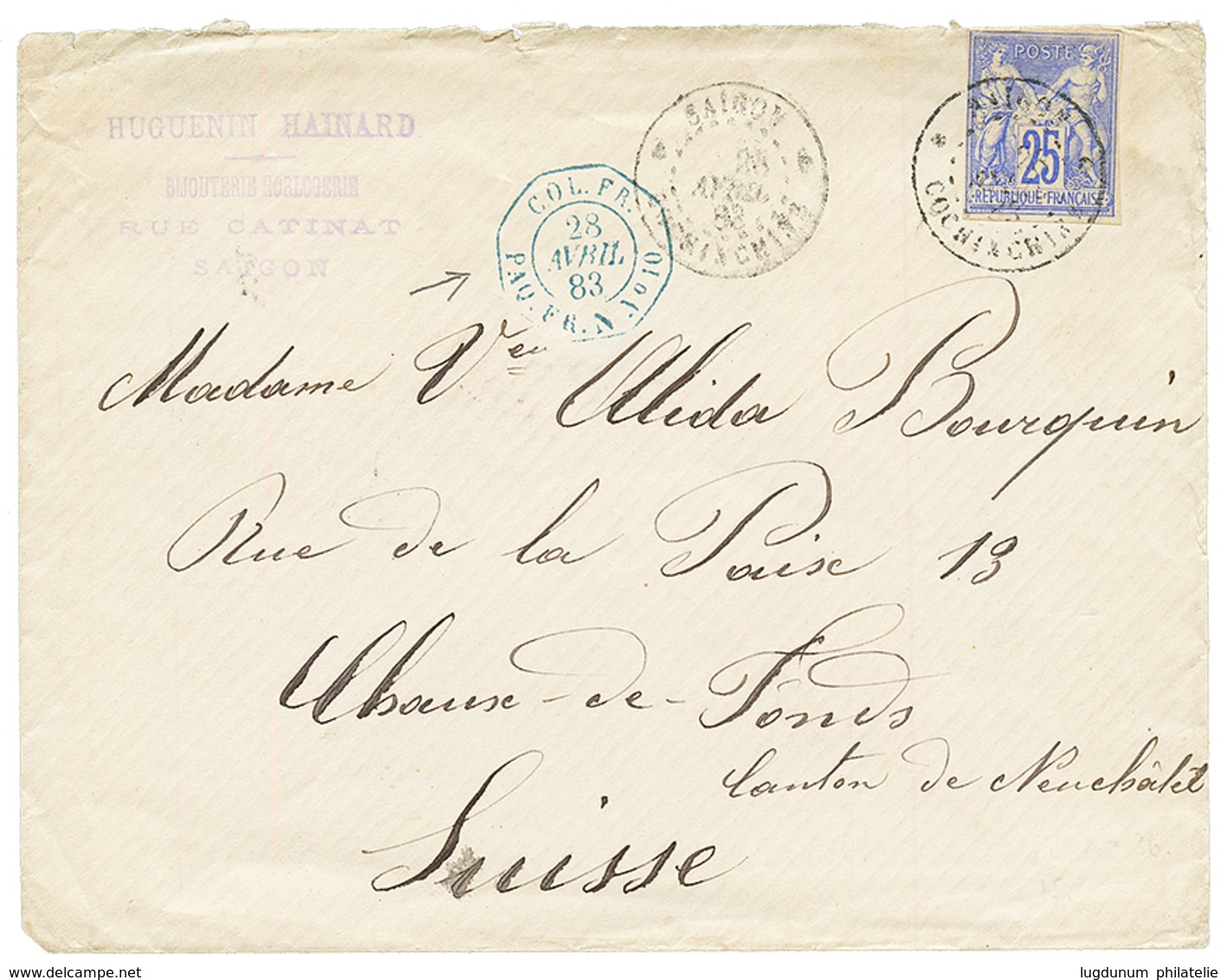 1883 CG 25c SAGE Pd Obl. SAIGON COCHINCHINE + COL.FR PAQ FR N N°10 Bleu Sur Env. Pour La SUISSE. TB. - Other & Unclassified