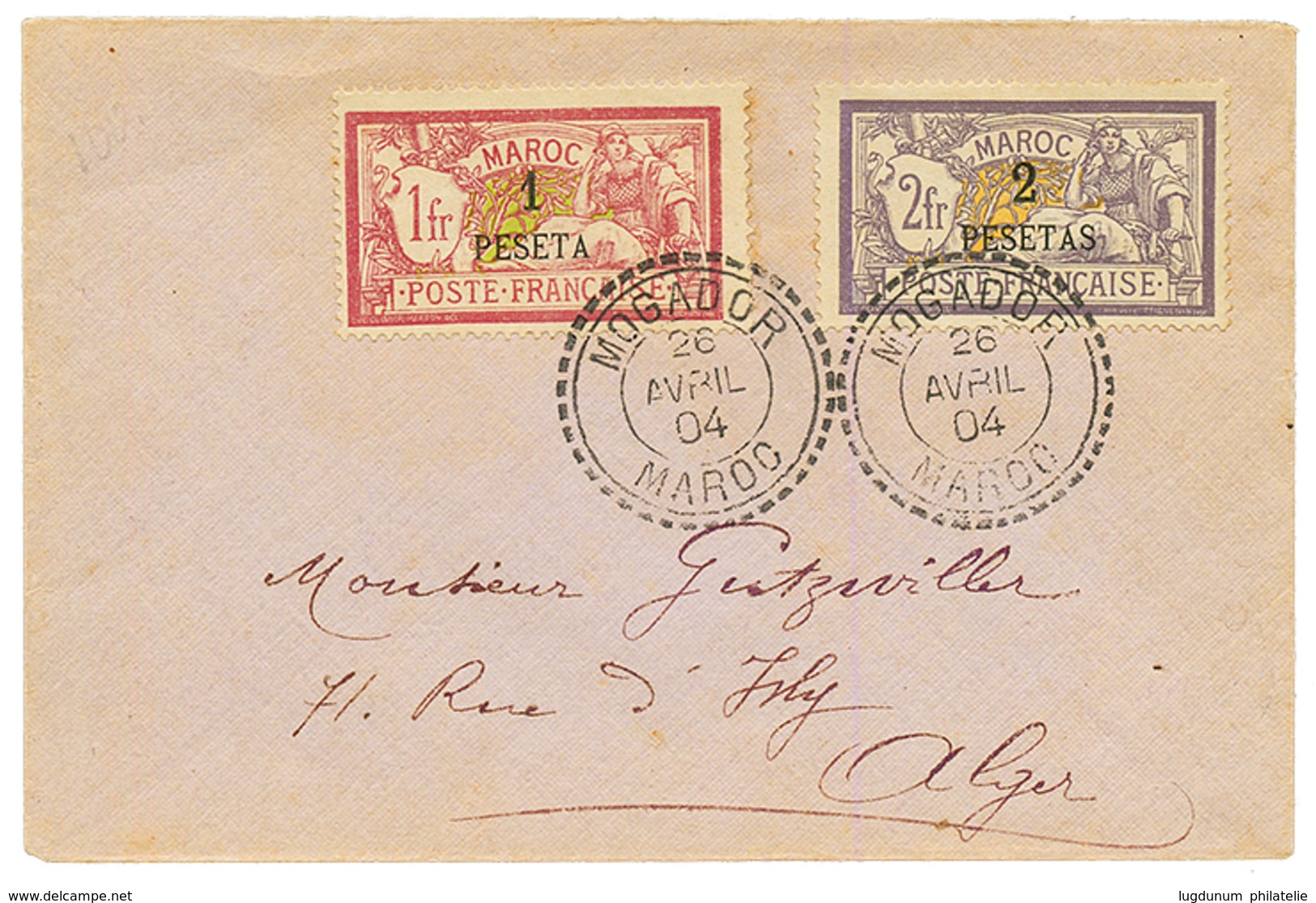 1904 MERSON 1p S/ 1F + 2p S/ 2F Obl. MOGADOR MAROC Sur Enveloppe Pour L' ALGERIE. RARE. Superbe. - Other & Unclassified