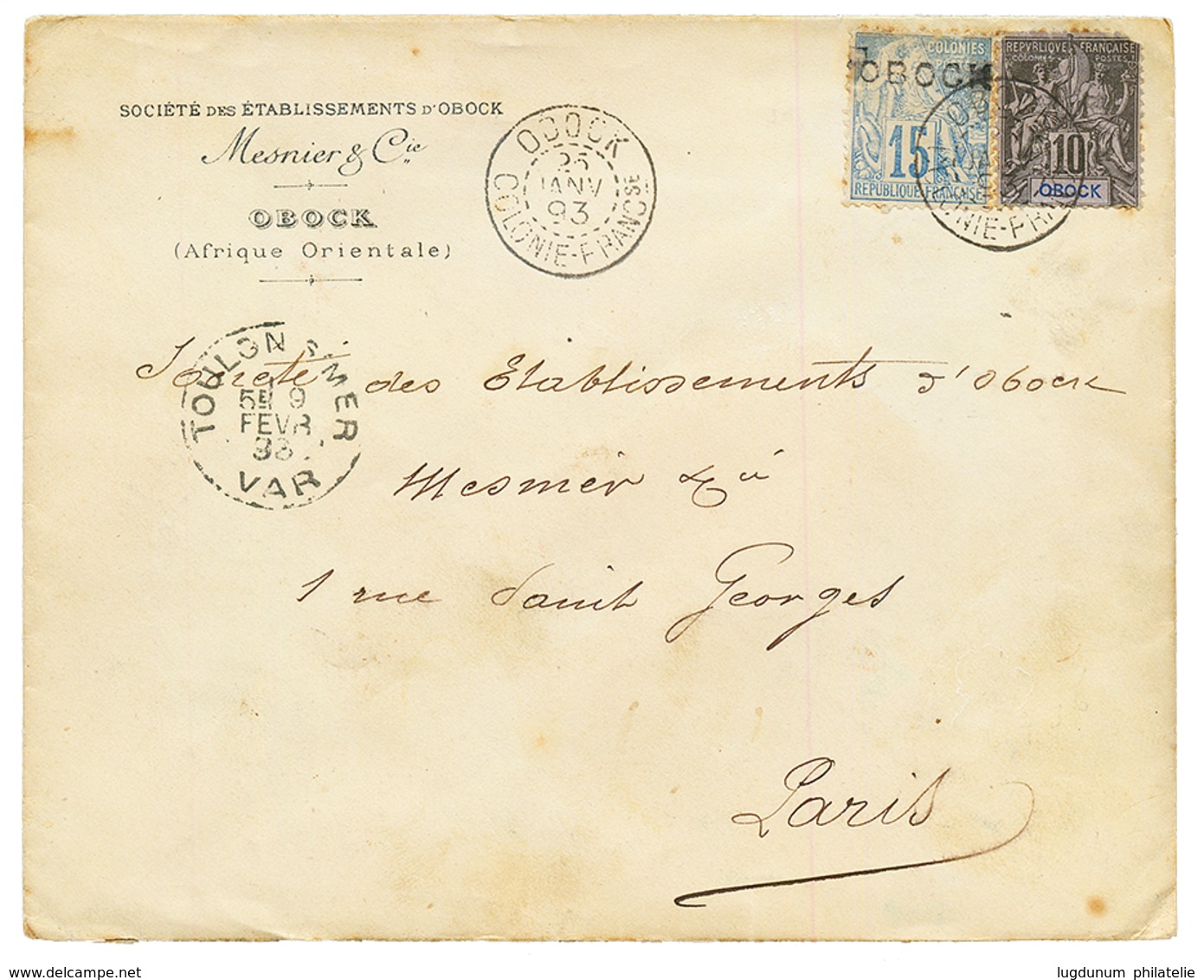 1893 15c Surchargé + 10c (pd) Obl. OBOCK COLONIE-FRANCse Sur Env. Commerciale Pour PARIS. RARE. TB. - Other & Unclassified