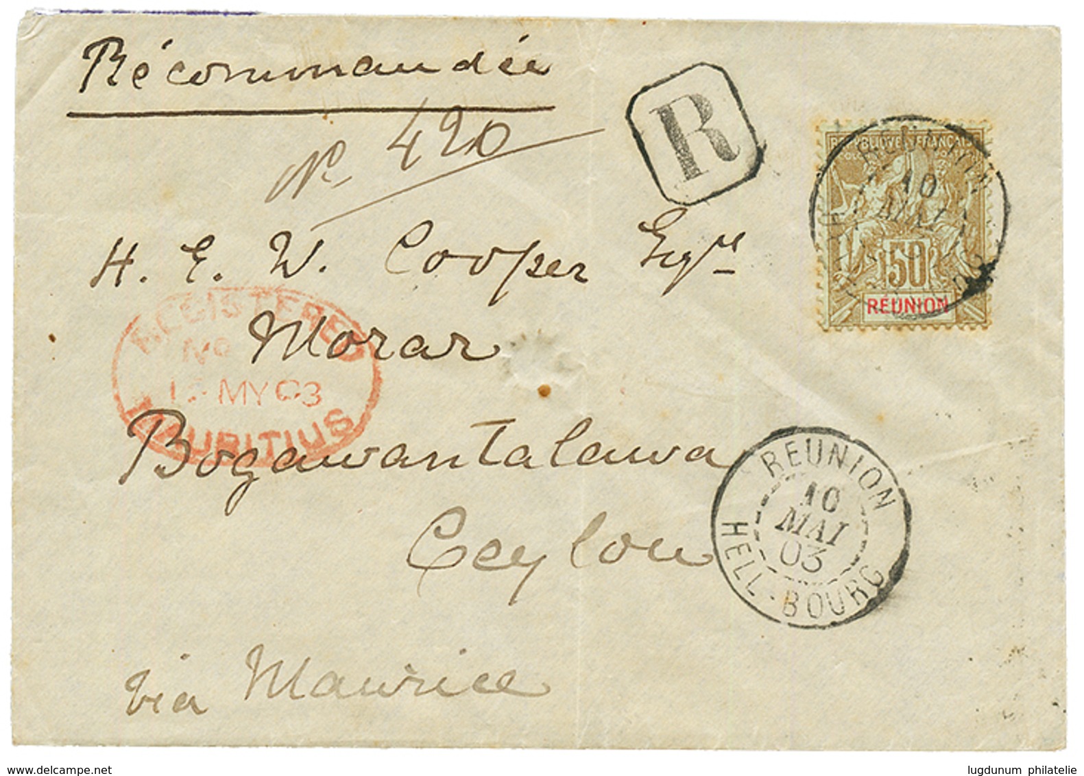 1903 50c (n°50) Obl. REUNION HELL-BOURG + REGISTERED MAURITIUS Sur Enveloppe RECOMMANDEE Pour BOGANVANTALAWA (CEYLON). R - Other & Unclassified