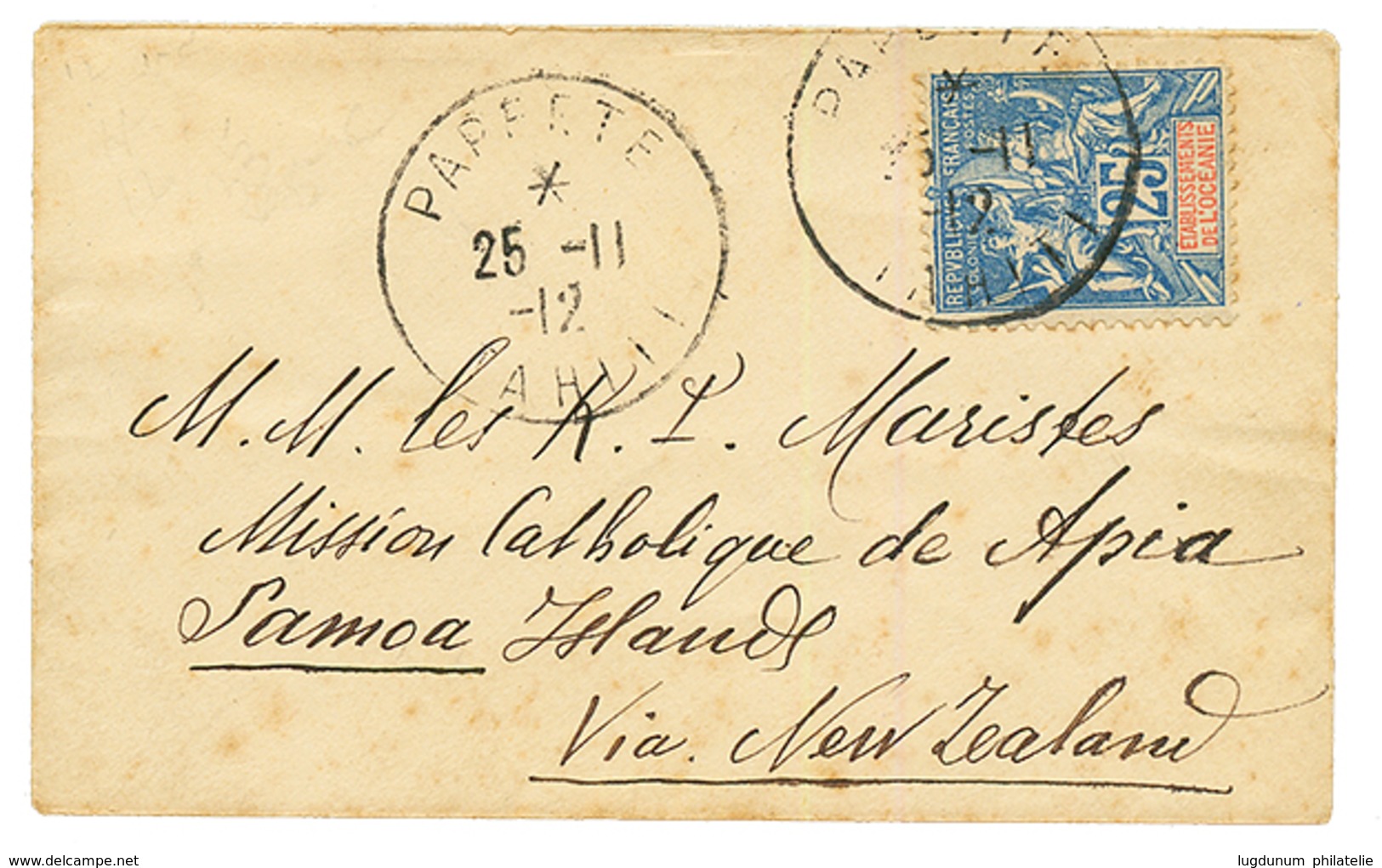 "TAHITI Pour Les ILES SAMOA" : 1912 25c Obl. PAPEETE TAHITI Sur Env. Pour La MISSION Catholique De APIA SAMOA ISLANDS. V - Other & Unclassified