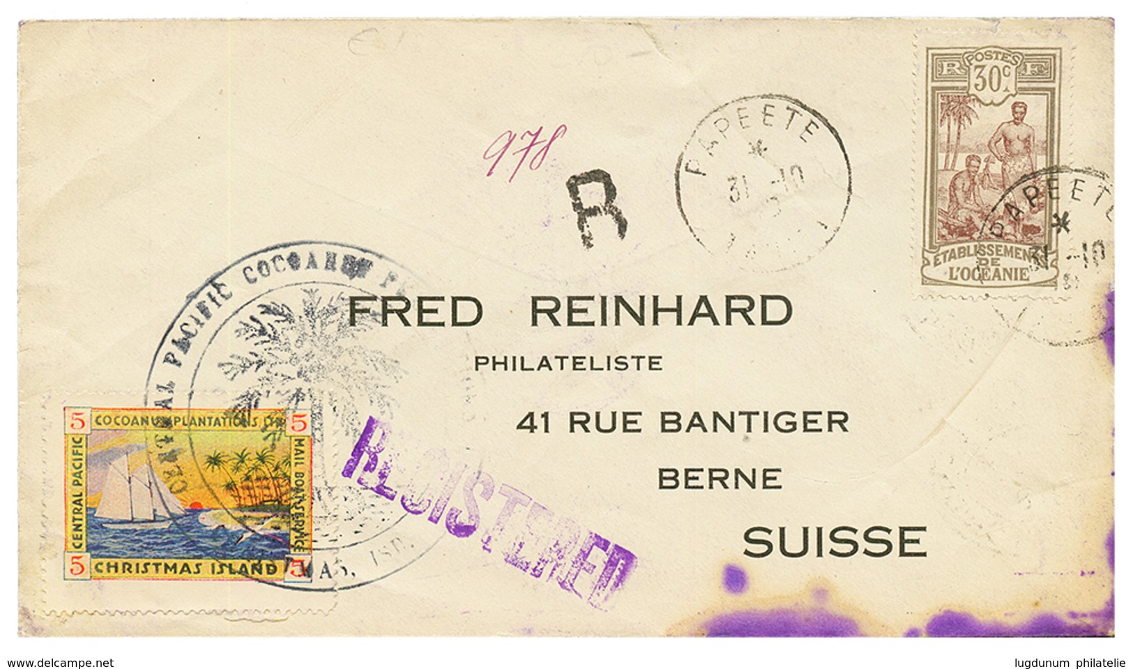 1918 30c Obl. PAPEETE TAHITI + 5c CHRITMAS ISLAND Sur Env(pd) RECOM. Pour La SUISSE. TB. - Other & Unclassified