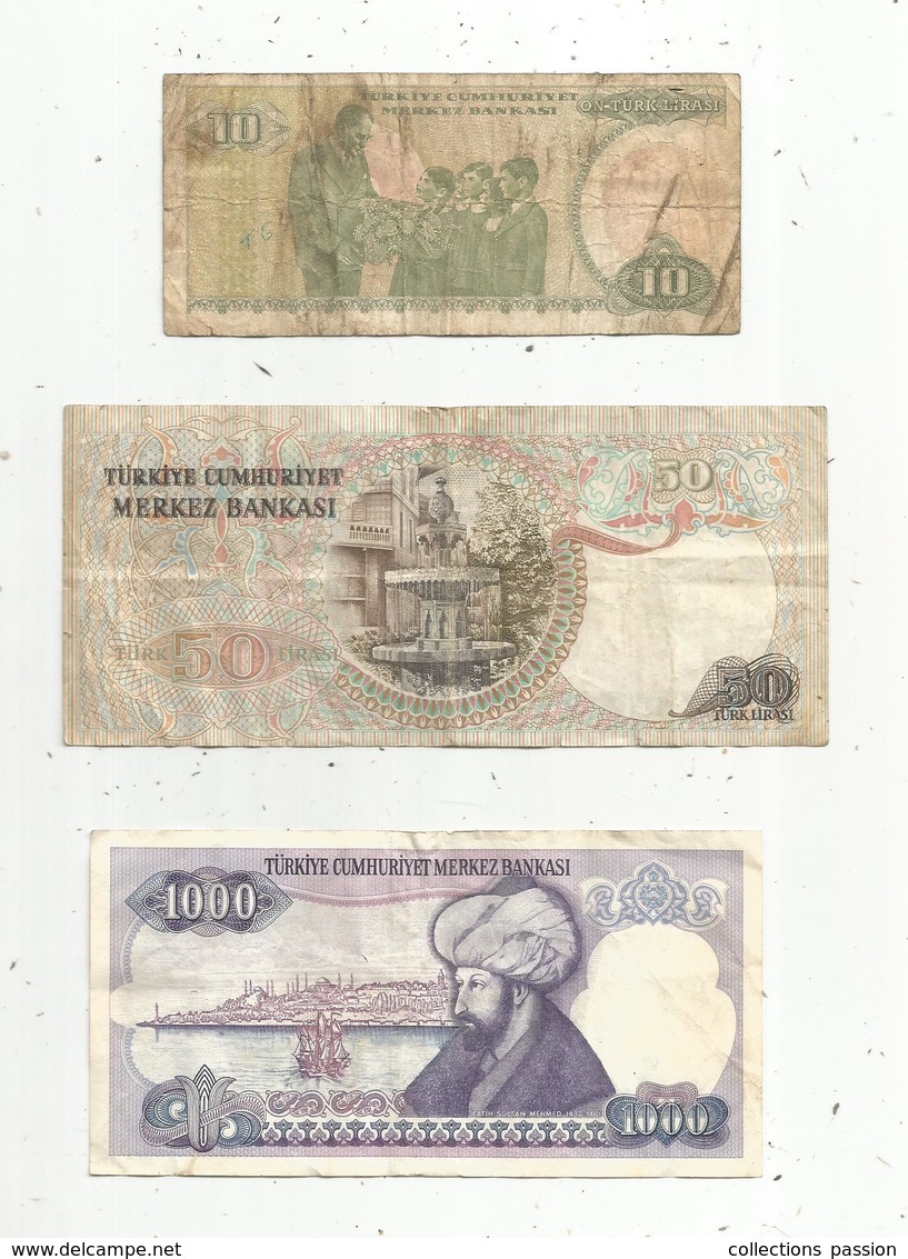 Billet , Turquie , Merkez Bankasi ,1970 , 10 ,50 Et 1000 Turk Lirasi , 2 Scans ,  LOT DE 3 BILLETS - Türkei