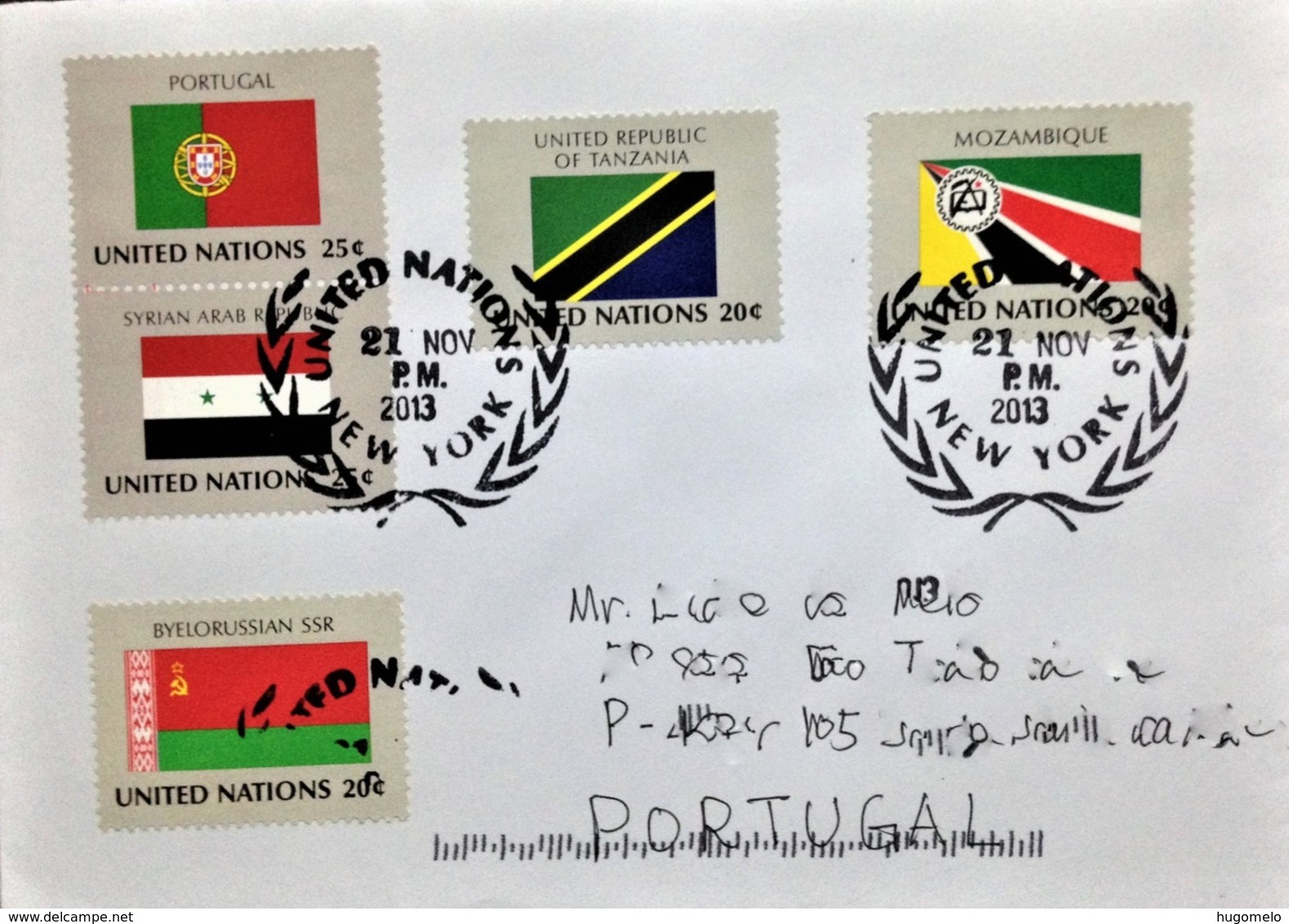 United Nations, Circulated Cover To Portugal, "FLAGS", Portugal, Syria, Byelorussia, Mozambique And Tanzania, 2013 - Brieven En Documenten