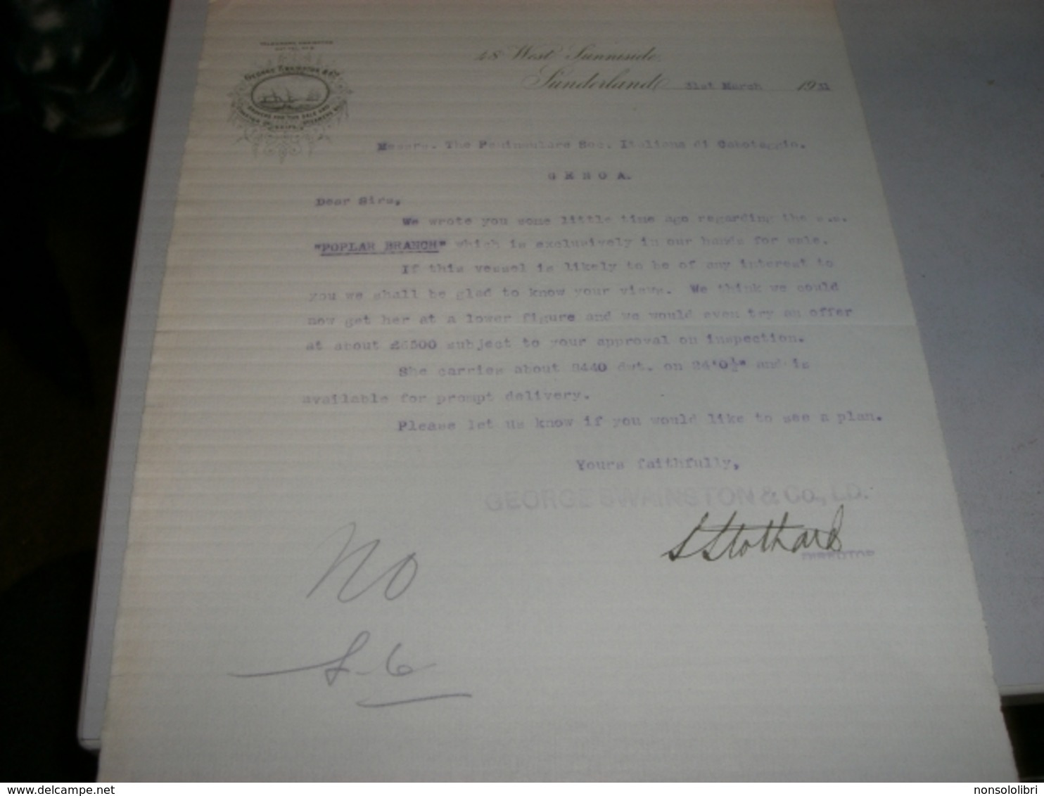 DOCUMENTO GEORGE SWAINSTON & CO. BROKERS FOR THE SALE 1931 - USA
