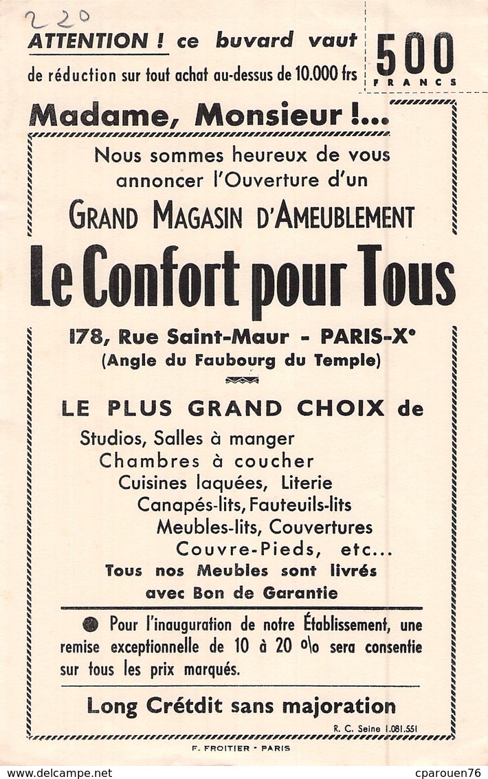 Ancien Buvard Collection COMMERCE LE CONFORT POUR TOUS 178 RUE SAINT MAUR PARIS X EME - C