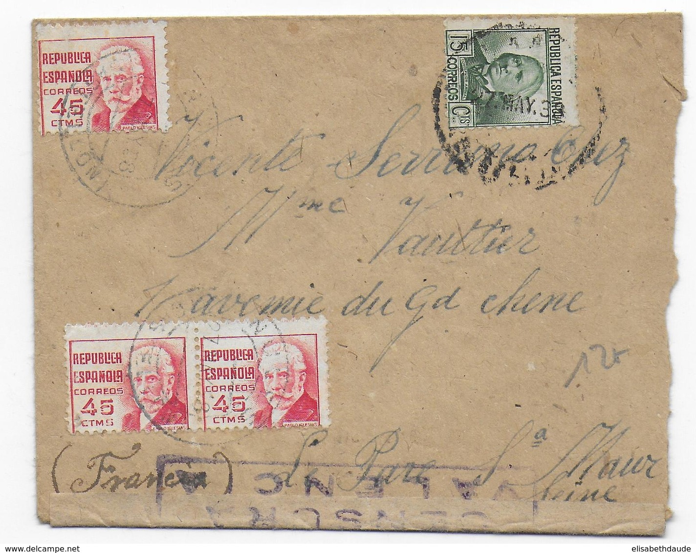 ESPAGNE - 1938 - ENVELOPPE De CASTELLON Avec CENSURE REPUBLICAINE De VALENCIA => ST MAUR (FRANCE) - Marques De Censures Républicaines