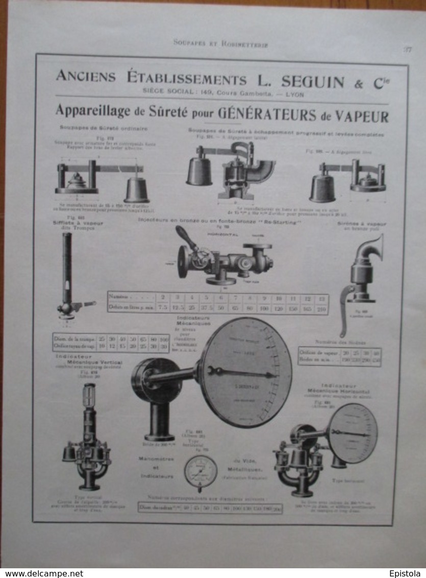 APPAREILLAGE DE SURETE VAPEUR Seguin & Cie à Lyon -  Page De 1925 Catalogue Sciences & Tech. (Dims. Standard 22 X 30 Cm) - Andere Geräte